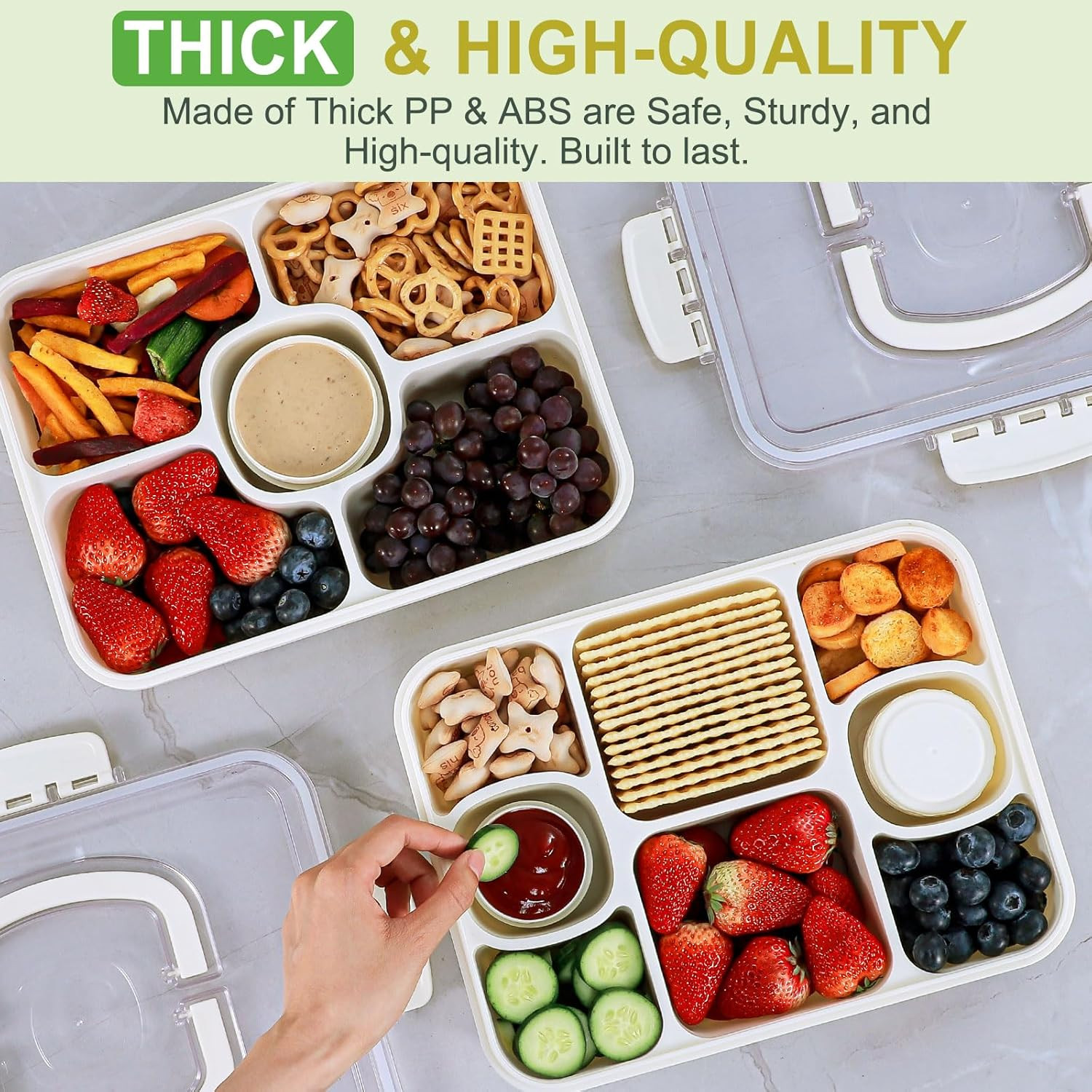 Snackle Box Container with 2 Sauce Cups – Large 8-Compartment Divided Serving Tr