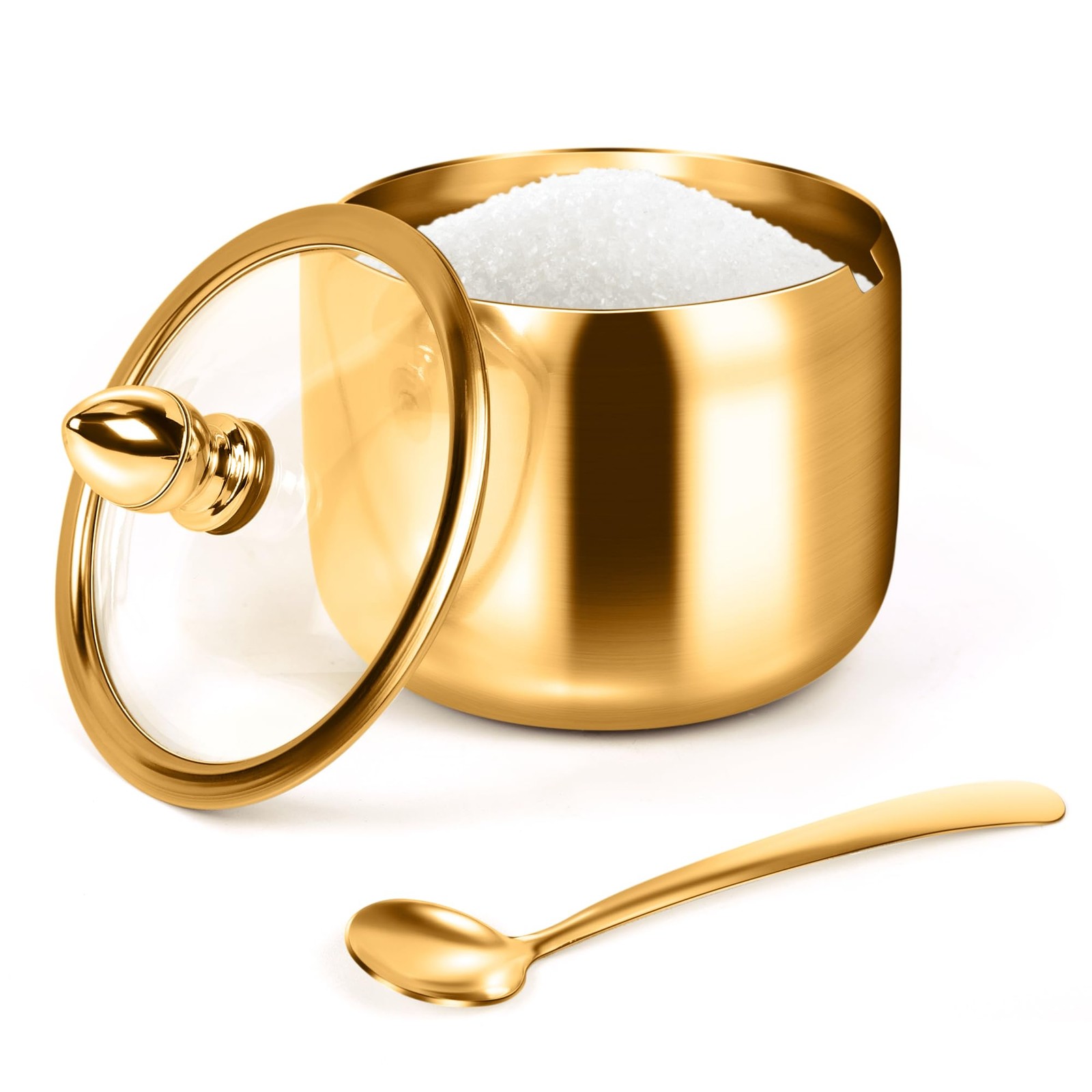 holoith Sugar Container with Glass Lid and Spoon – 10oz 3.14 ” x 2.36 “, Gold