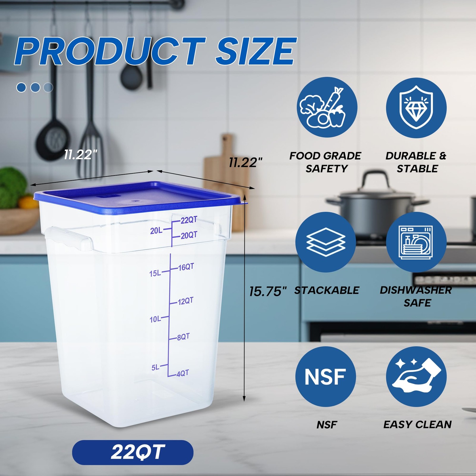4 Pack 22 Quart Food Storage Containers with Lids, Polycarbonate Square Comme…