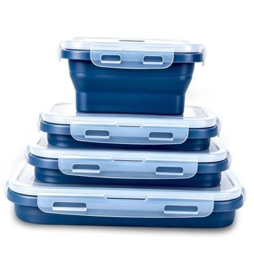Collapsible Silicone Food Storage Containers 4 Set Airtight Leak Navy blue