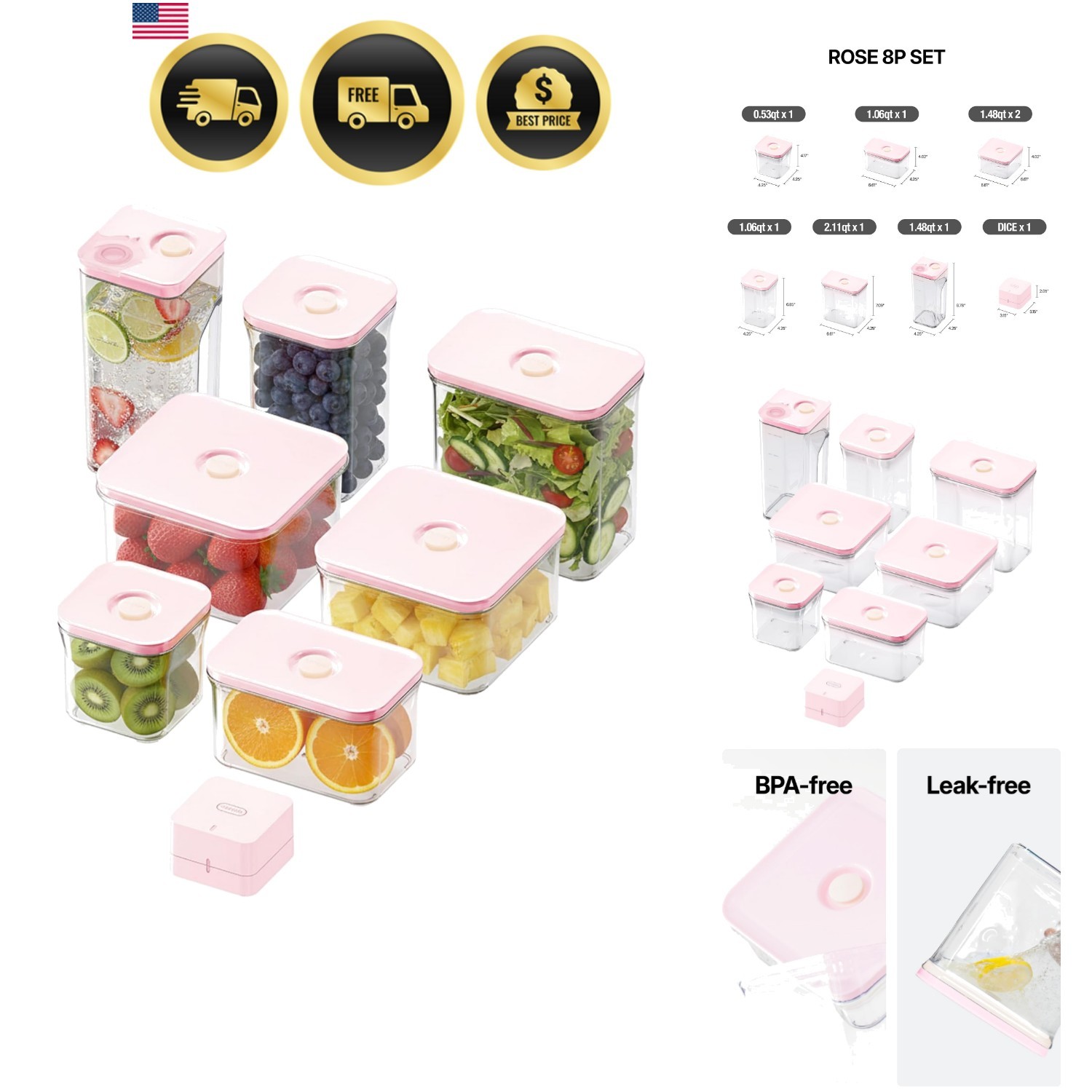 BPA-Free 8PC Airtight Storage Set with Vacuum Sealer, Stylish Rose Pink Design