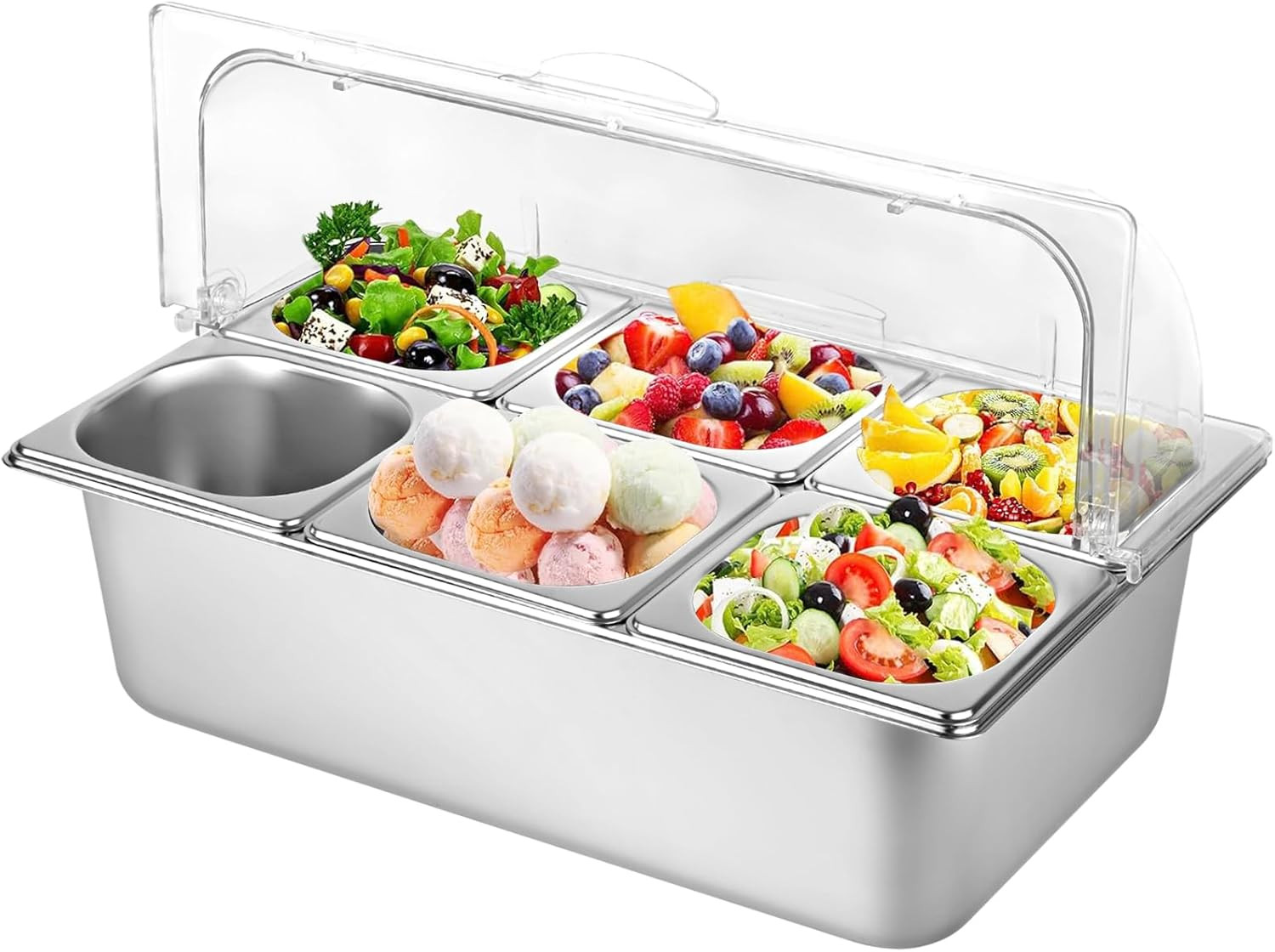 Stainless Steel Buffet Serving Tray with Clear Lid – 6 Pan Condiment Container
