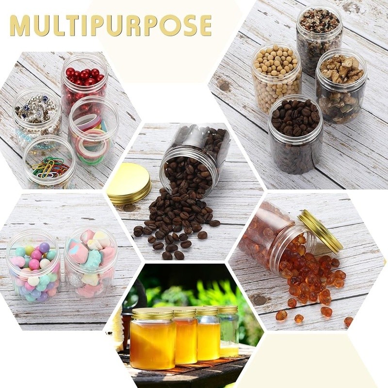 Clear Plastic Storage Containers W/ Gold Lids 60 Pack Durable Jars Food Crafts