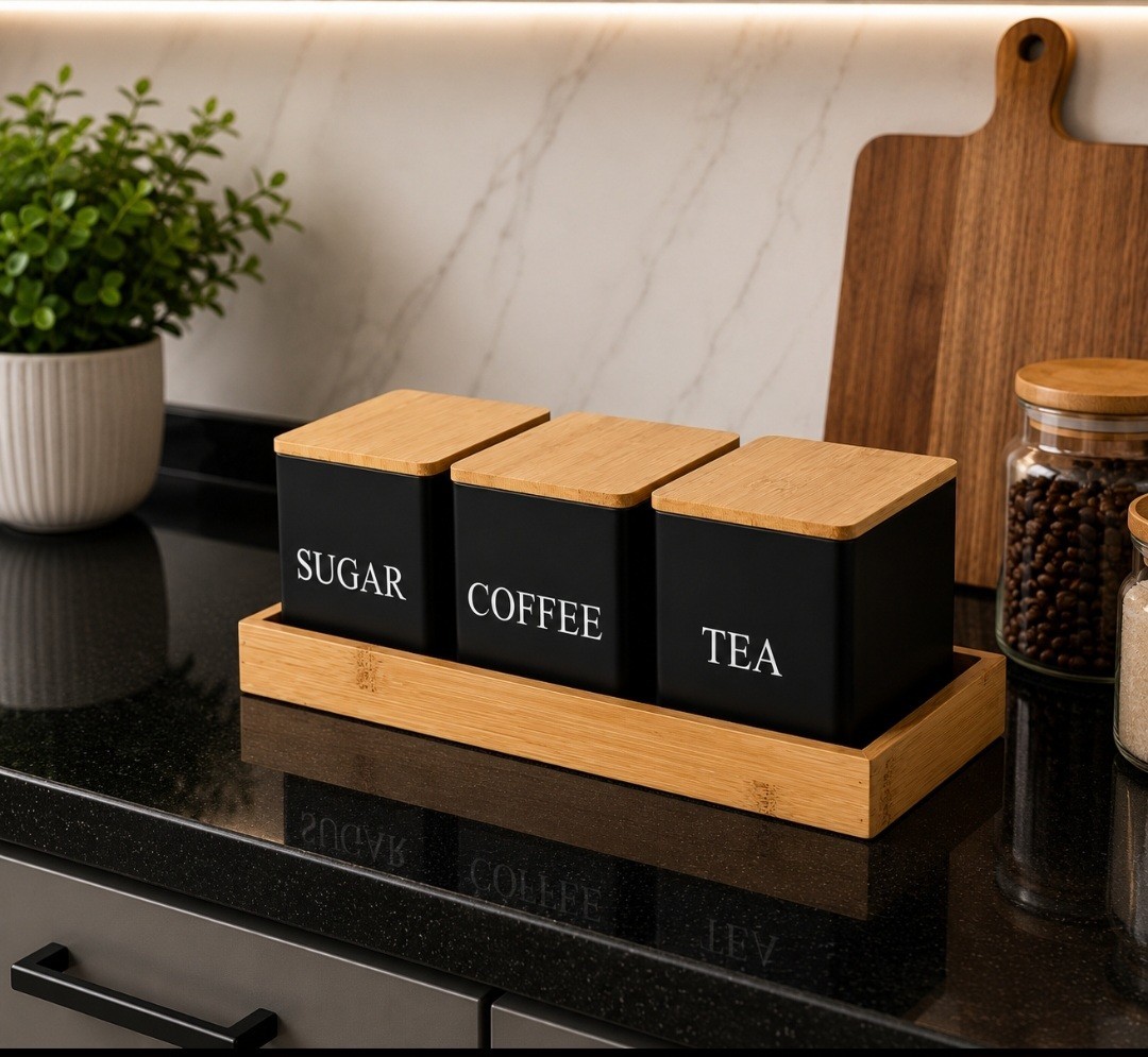 3Pcs/Set 500ml Black Metal Storage Containers with Bamboo Lids