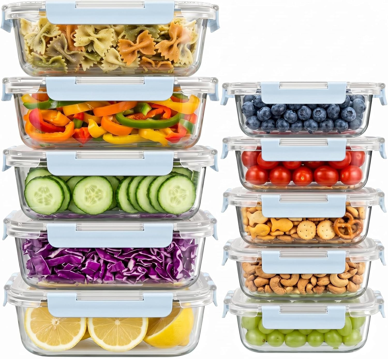 Dealusy 10 Sets (20-Piece) 36 oz & 12 oz Glass Food Storage Containers with lids