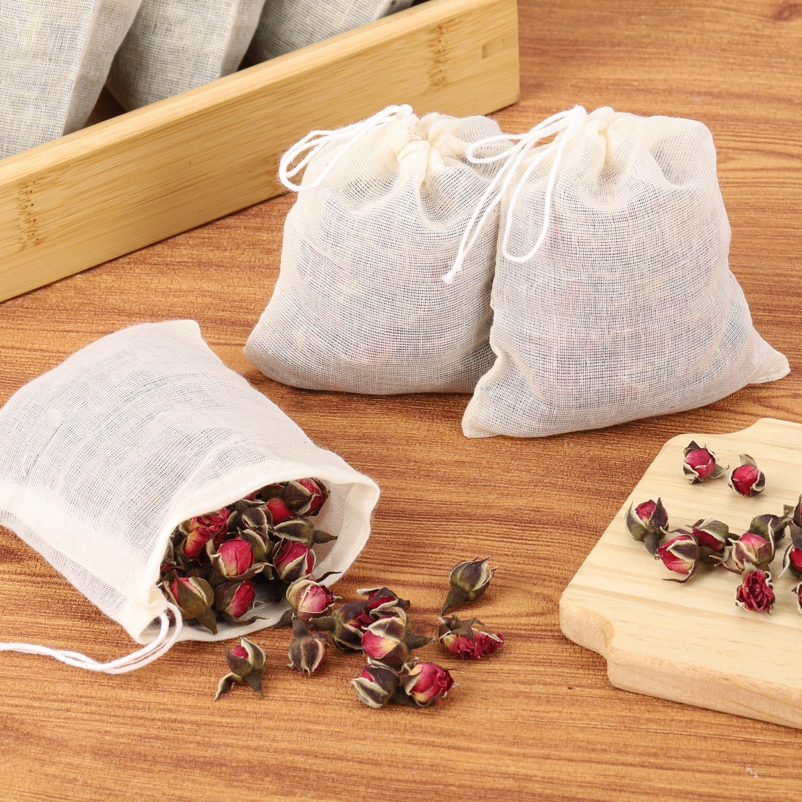 100Pcs Muslin Bags with Drawstring, 3×4 Inch Reusable Empty Tea S, White