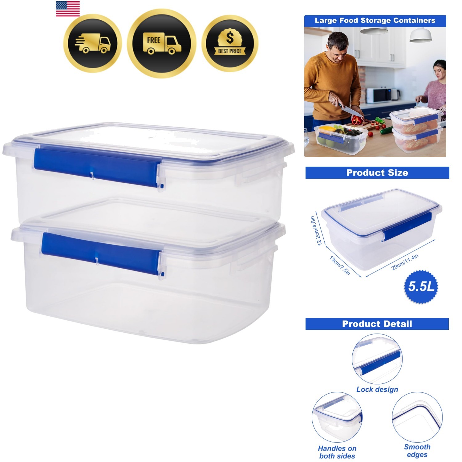 2 Pcs Large Food Storage Containers with Airtight Lid, 5.5L Reusable Meal Pre…