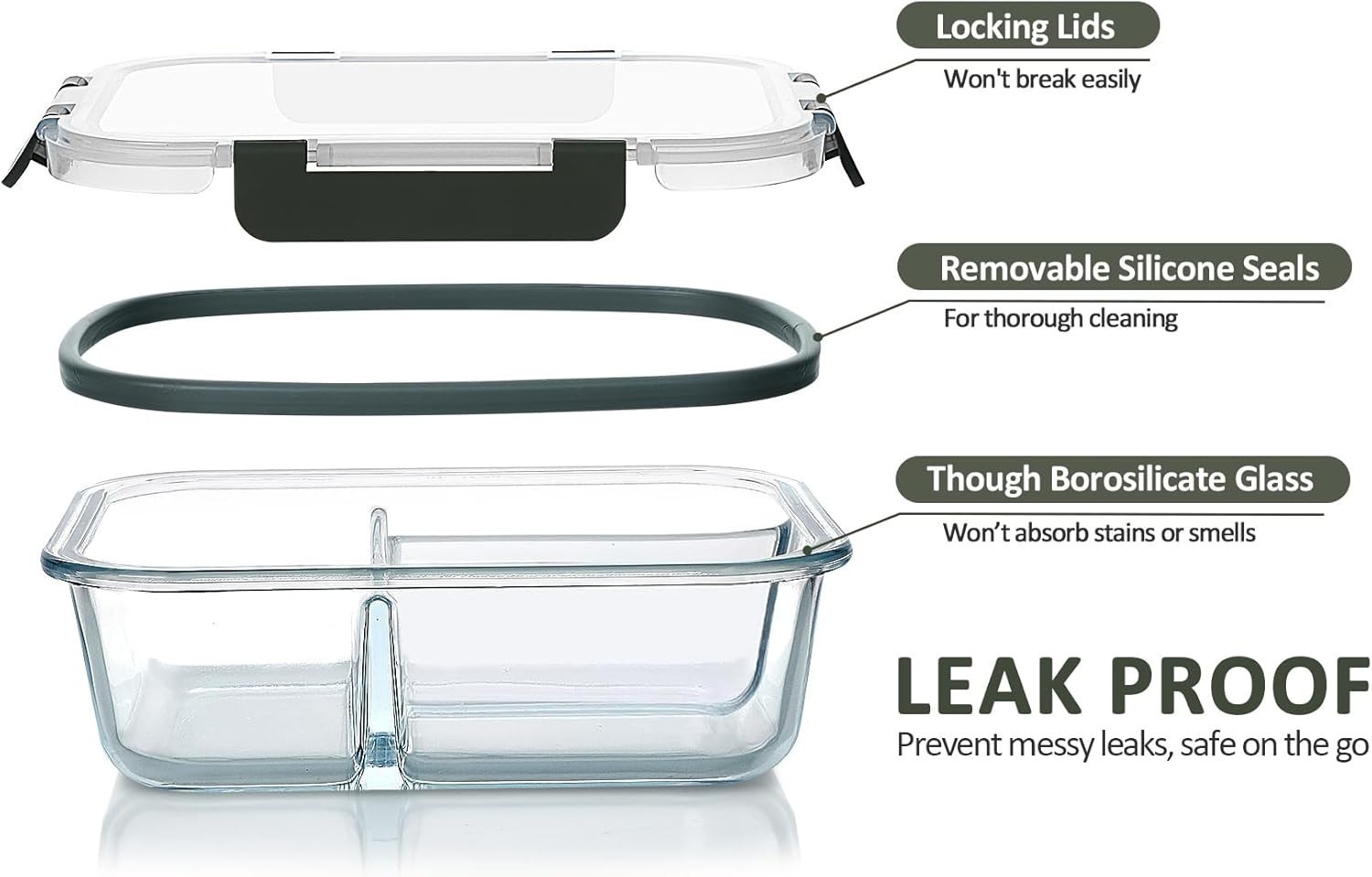 [5-Pack 36 oz] Glass Meal Prep Containers 3 Compartment W/ Lids Glass Lunch