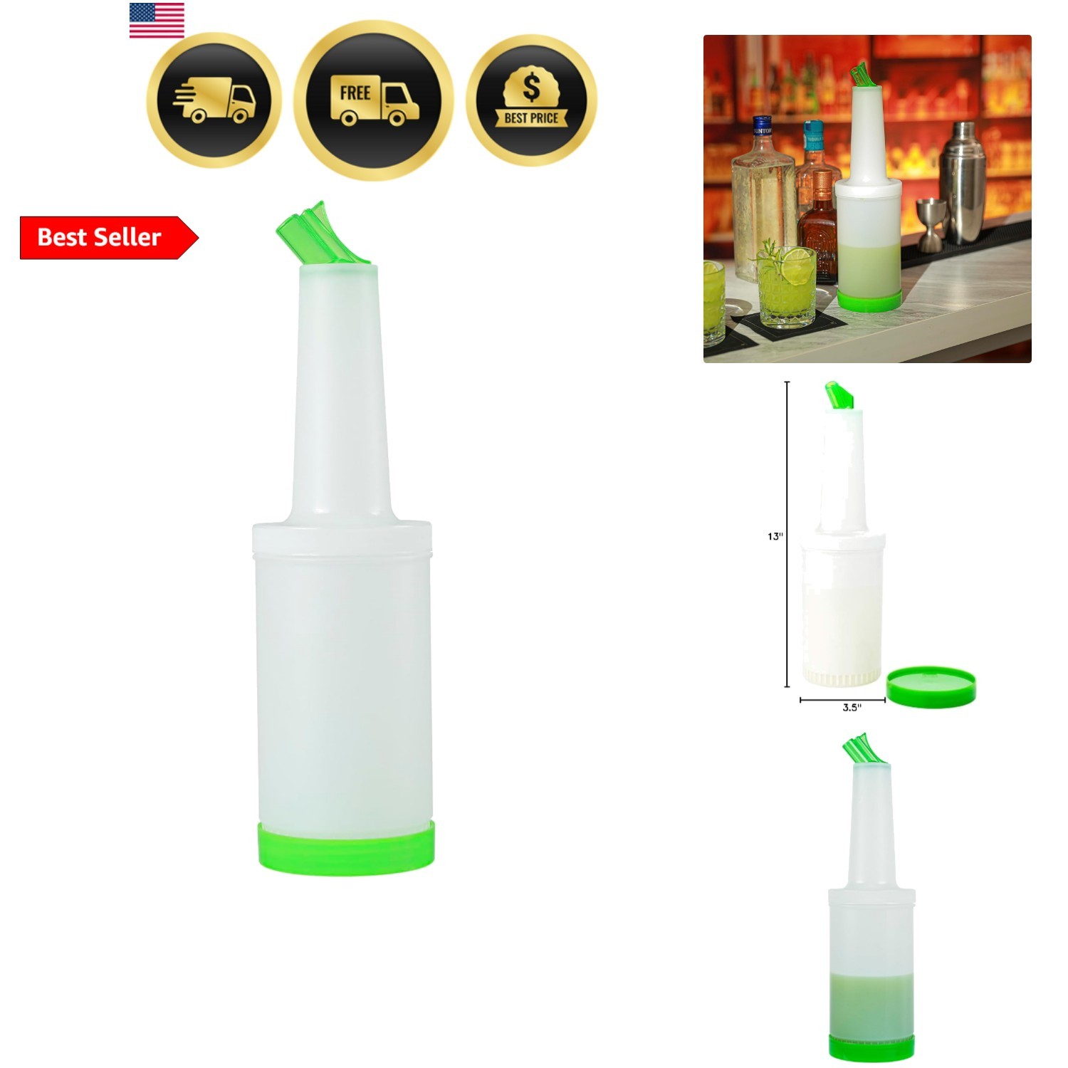 1 qt Plastic Quick Pour Storage Container Bottle – with Green Spout and Lid -…