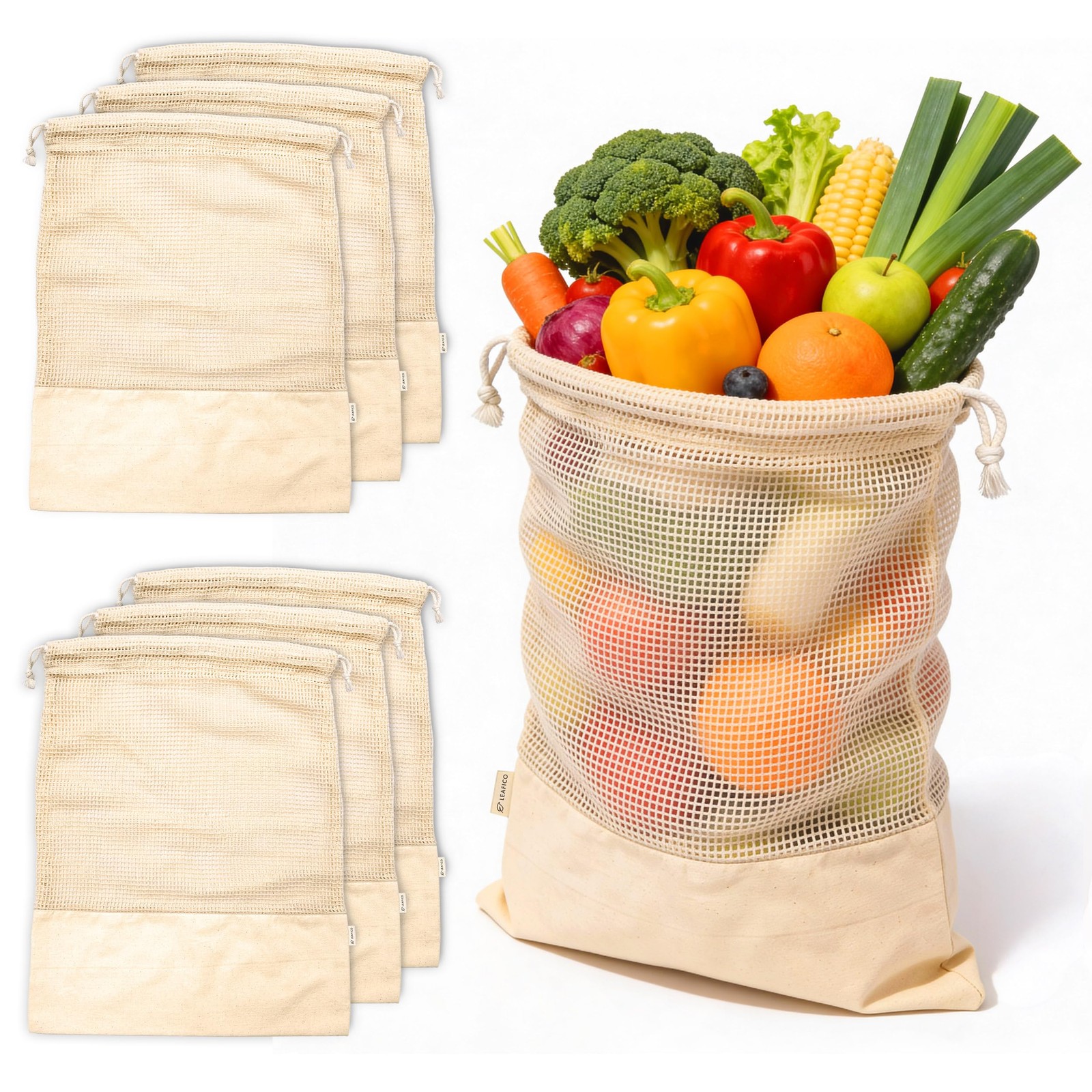 LEAFICO Reusable Produce Bags – 100% Cotton Mesh & Solid Hybrid (XL 14×18 inch 6
