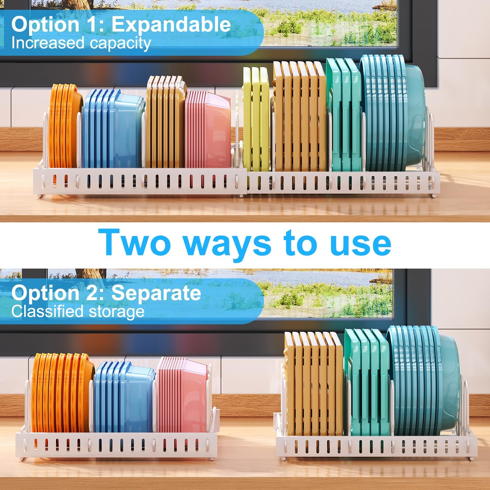 Expandable Food Container Lid Organizer,Large Capacity Adjustable 10 Dividers…