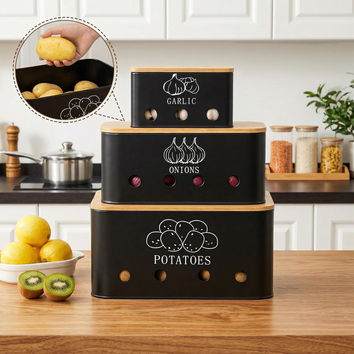 3 Pack Potato Onion Garlic Storage Set, Metal Vegetable Storage Bins with Aerati