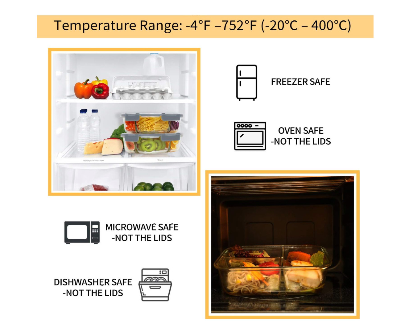 Bayco 16 Pieces Glass Meal Prep Containers 3 Compartment 8 lids 8 Containers New