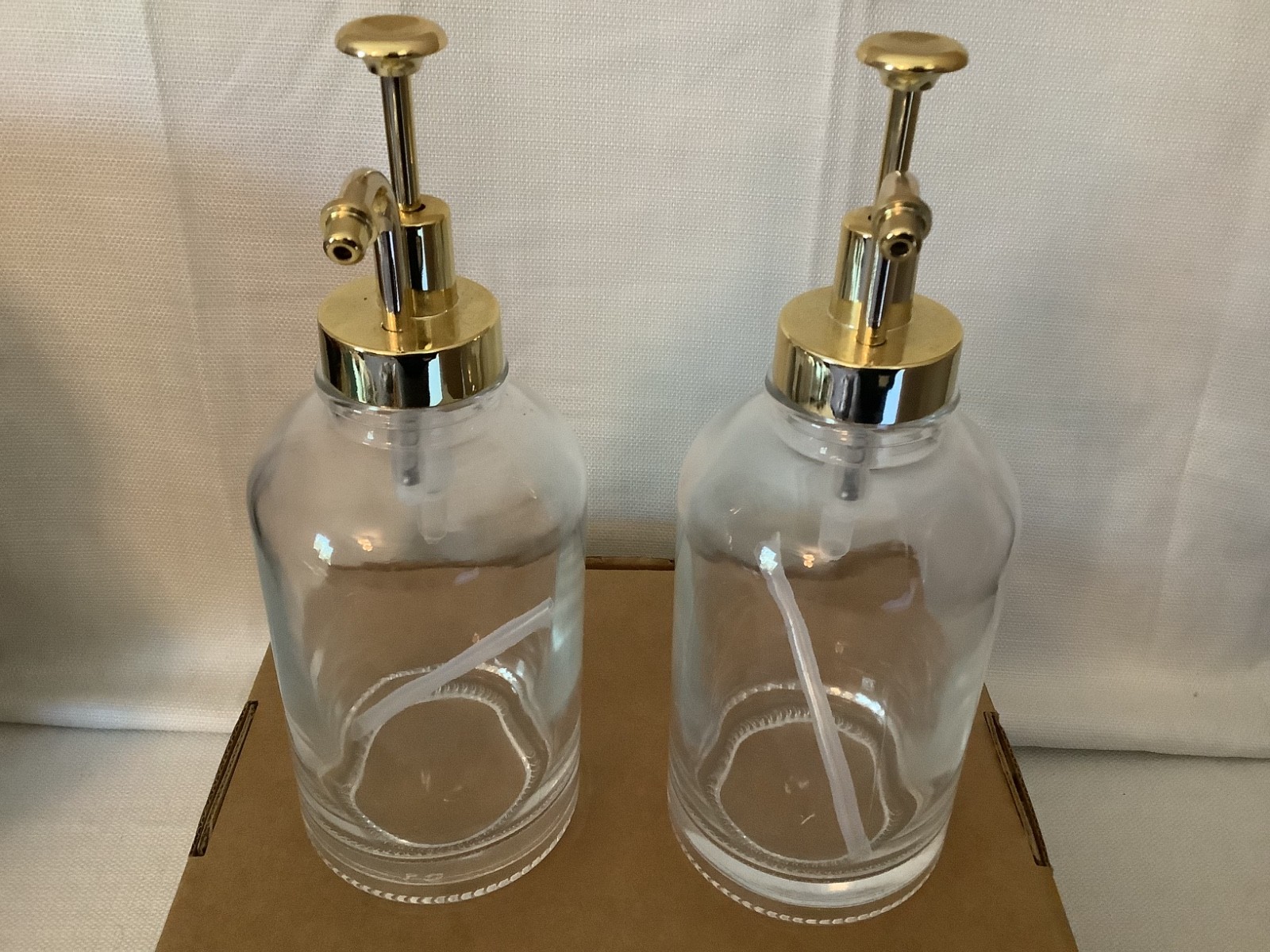 Set of Two New Coffee Syrup Glass Dispenser with Gold Pumps