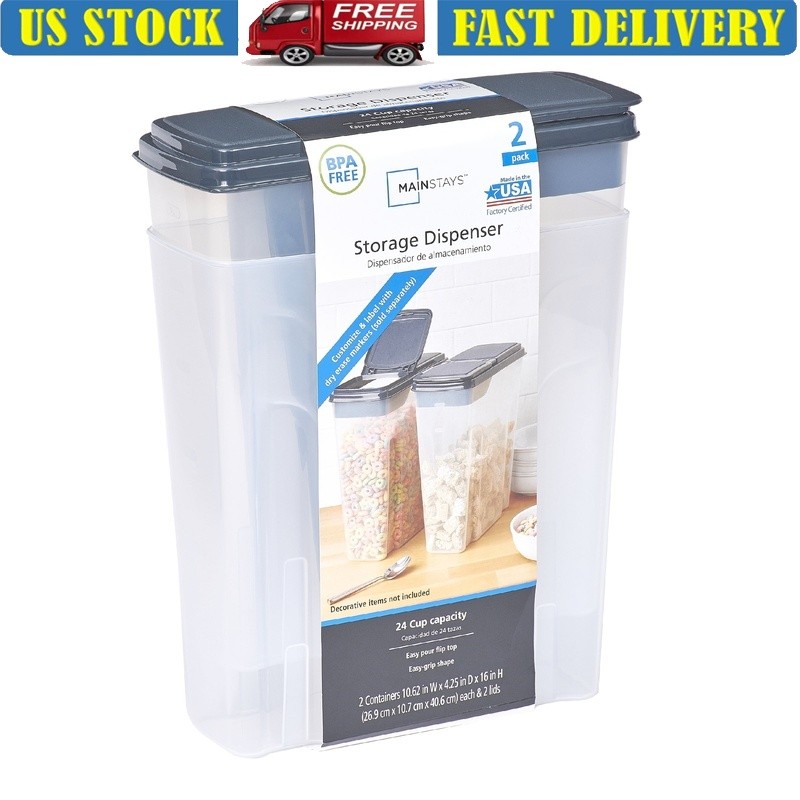 Large Plastic Storage Dispensers Cereal Snacks Pasta Dry Food Container Set of 2