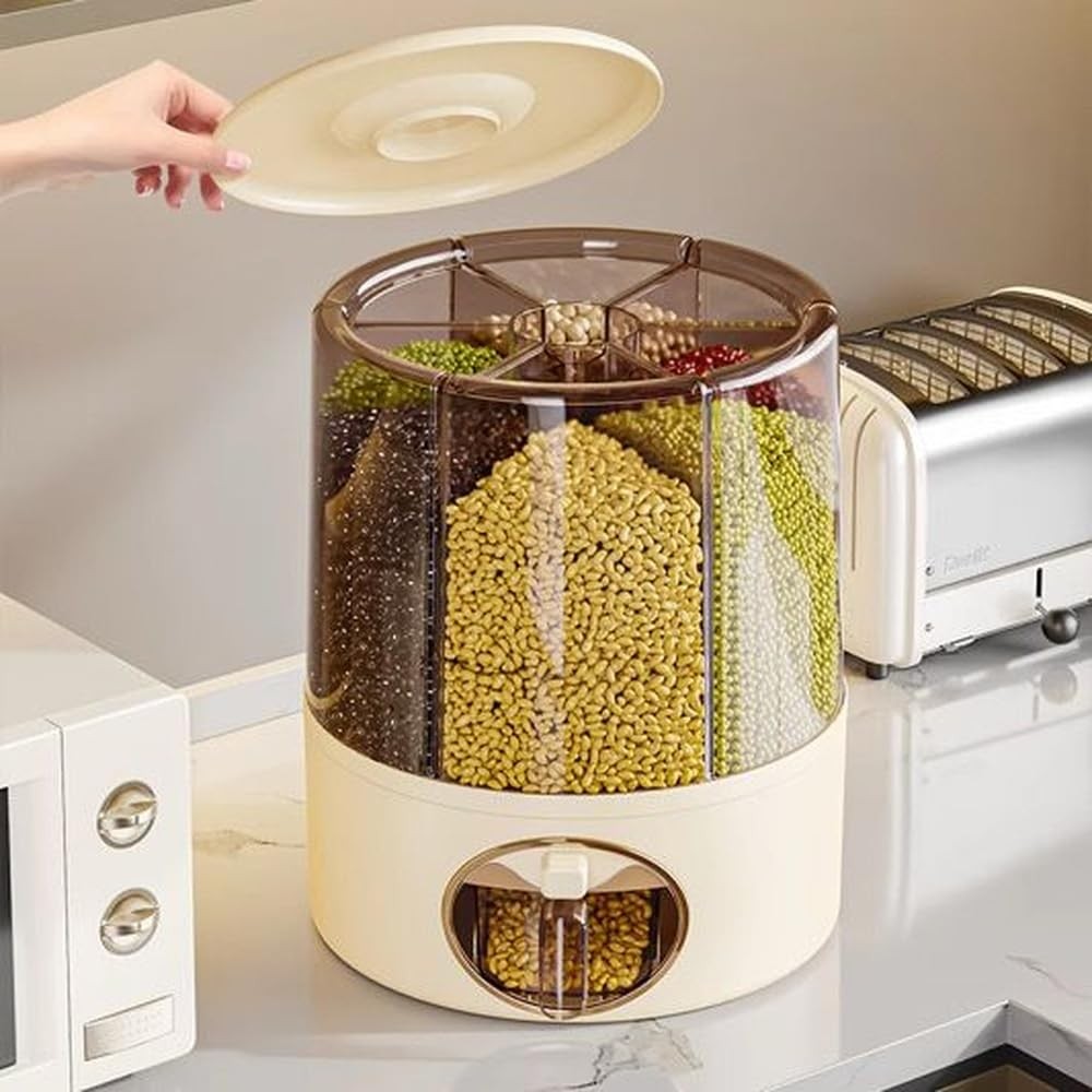 Premium 6-Grid Rotating Food Dispenser with Sealed Lid – 360° Rotation Grain …