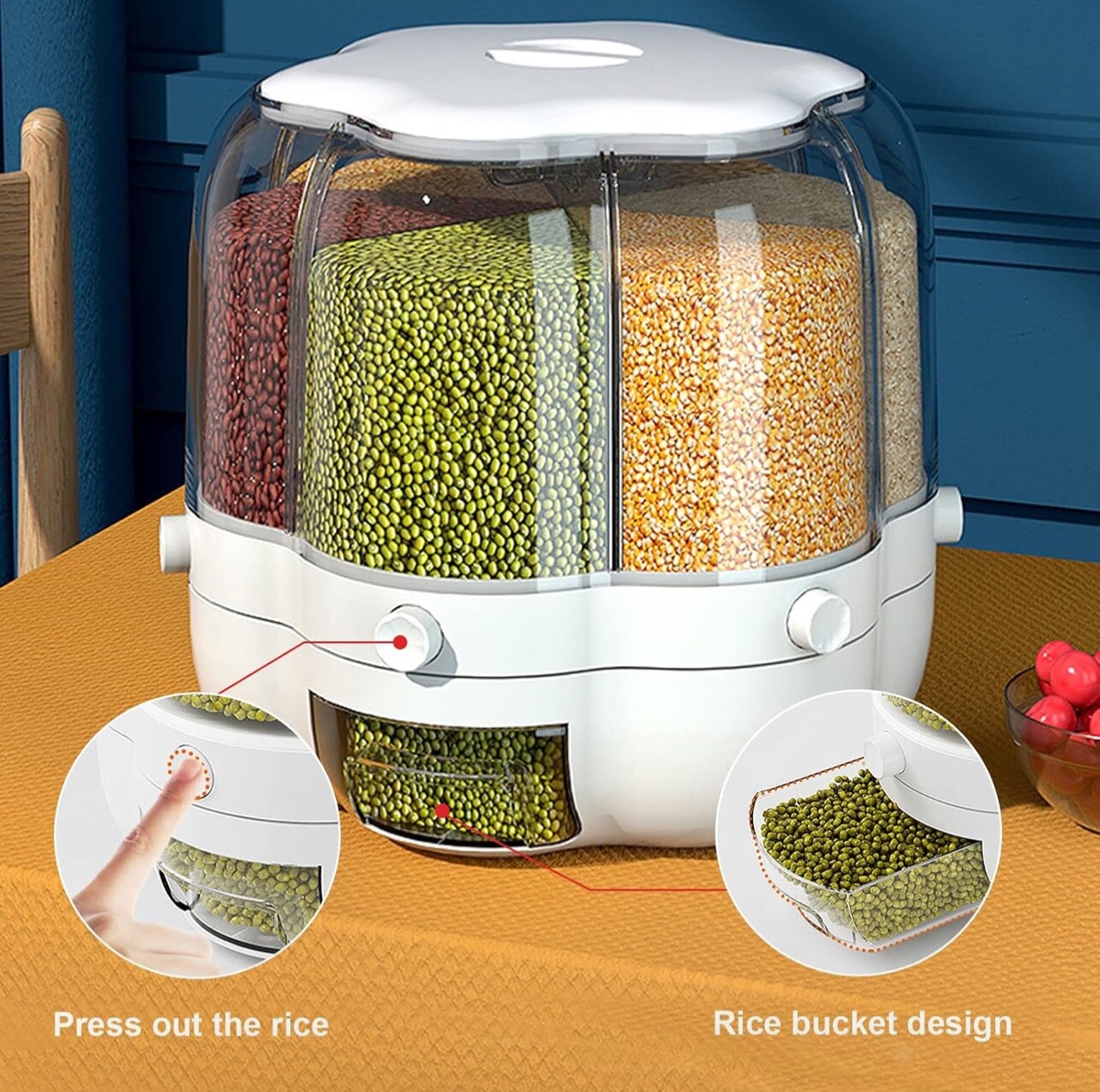 Kitchen 360° Rotating Cereal/Grain/Lentil 30lb X-Large Dispenser 6 Compartments