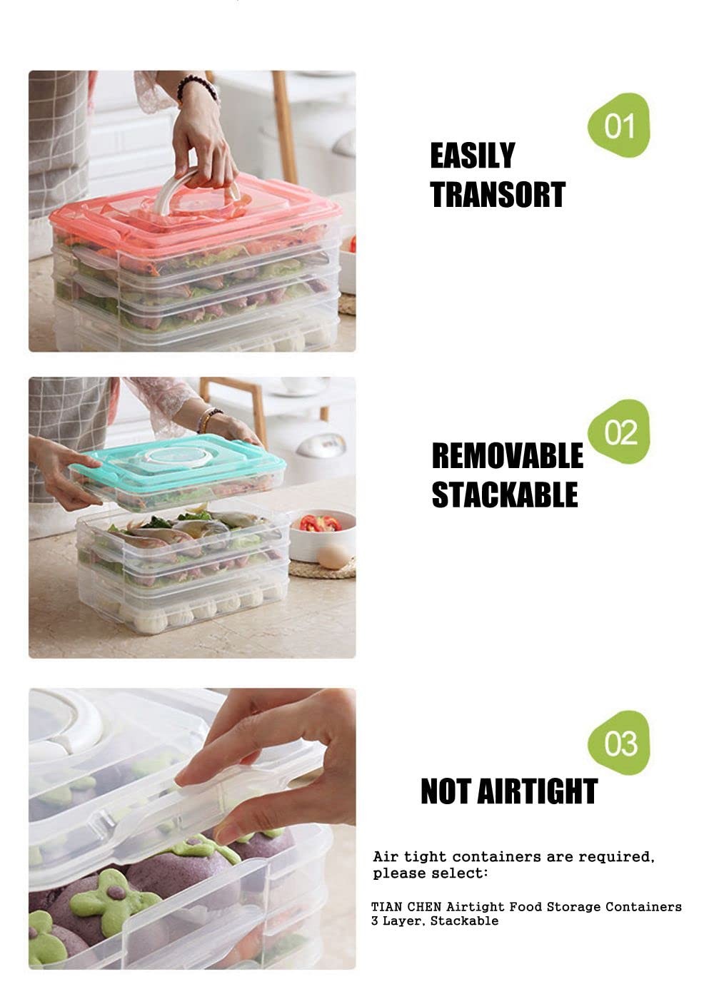 TIAN CHEN Stackable Carrier Snack Cookie Meat Bacon M, Red 3 Layer