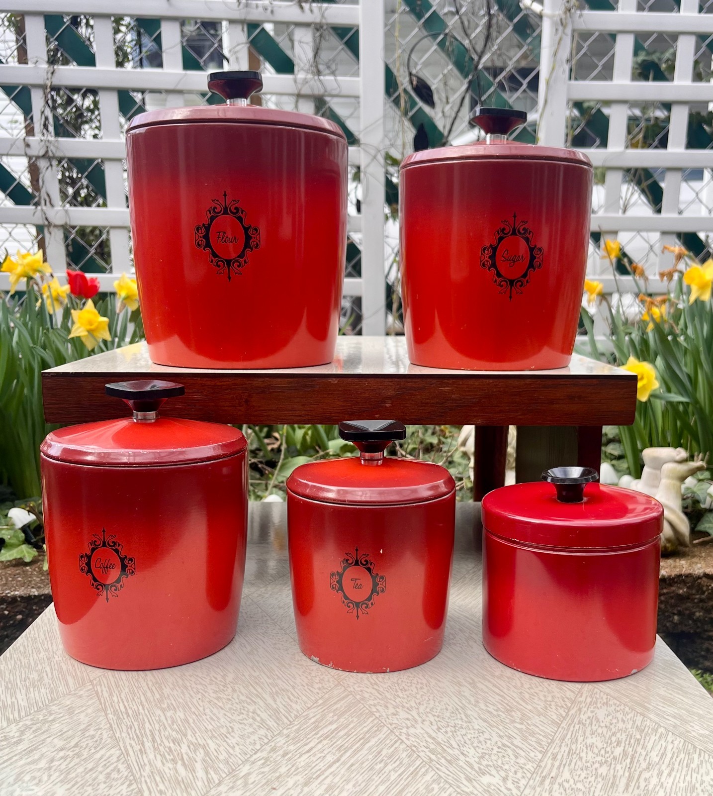 Vintage 1950’s West Bend FULL SET Red Aluminum Kitchen Storage Canisters w Lids