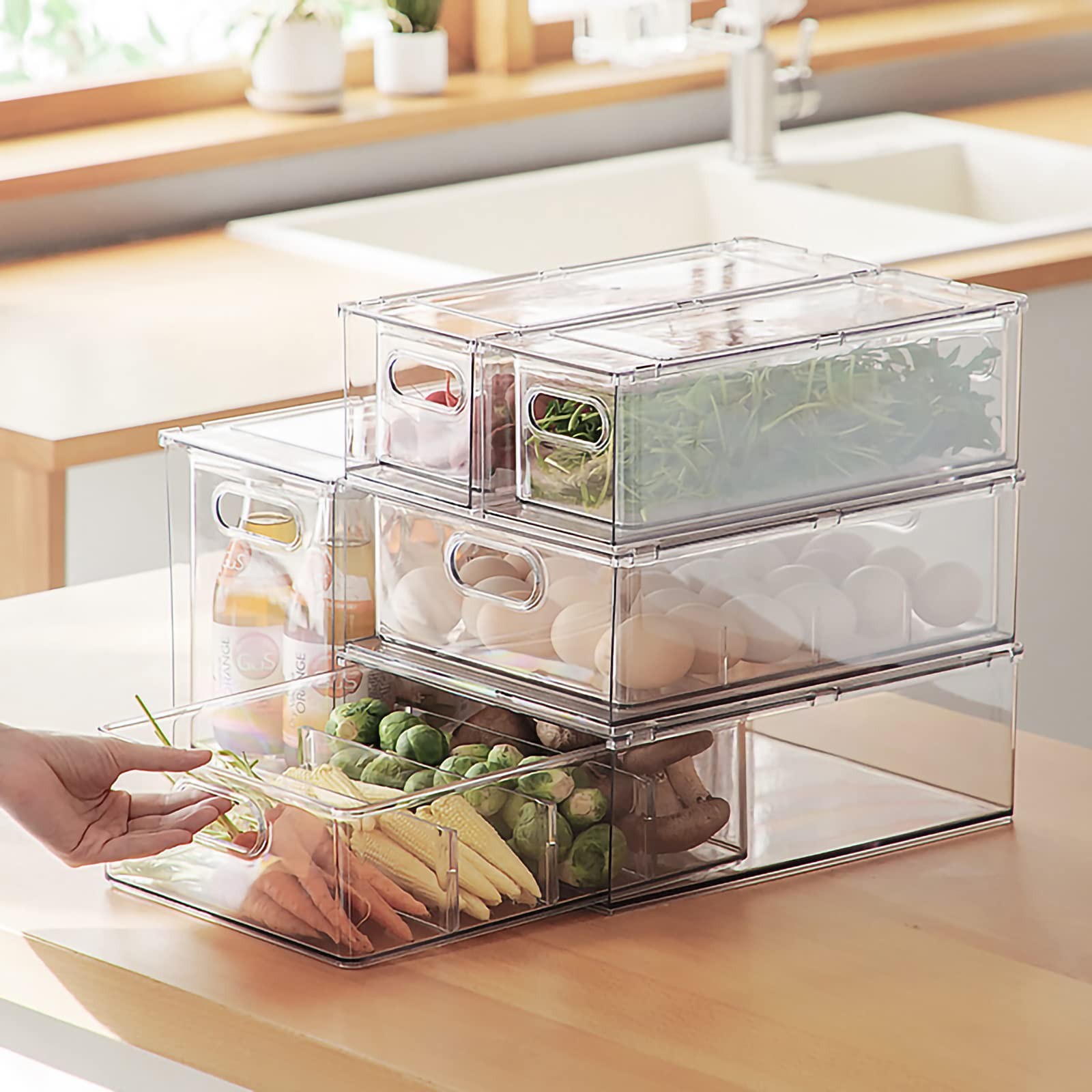 4Pack Stackable Fridge Drawers Pull-out Storage Bins with Handle Clear Food C…