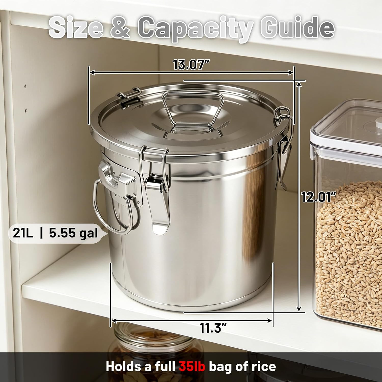 304 Stainless Steel Airtight Food Storage Container with Locking Lid & Clips 5.5