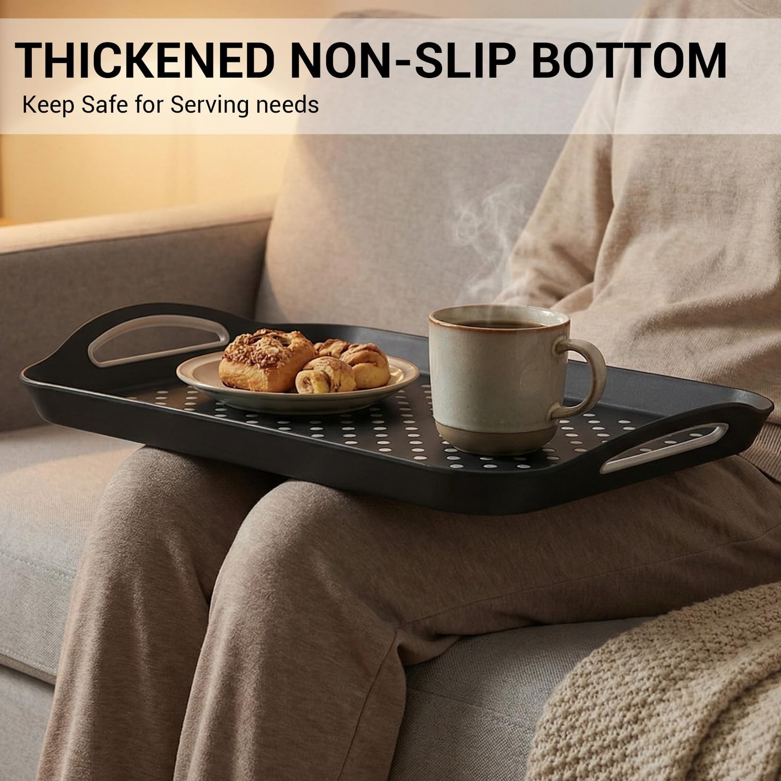 Large Non-Slip Tray with Handle, Black PP+TPR Lap Tray, 15.5×11.5 Inch, Dual …