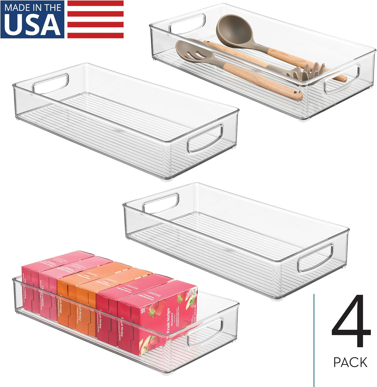 Stackable Clear Plastic Extra Long Pantry Organizers, 4-Pack | Cabinet Storage B
