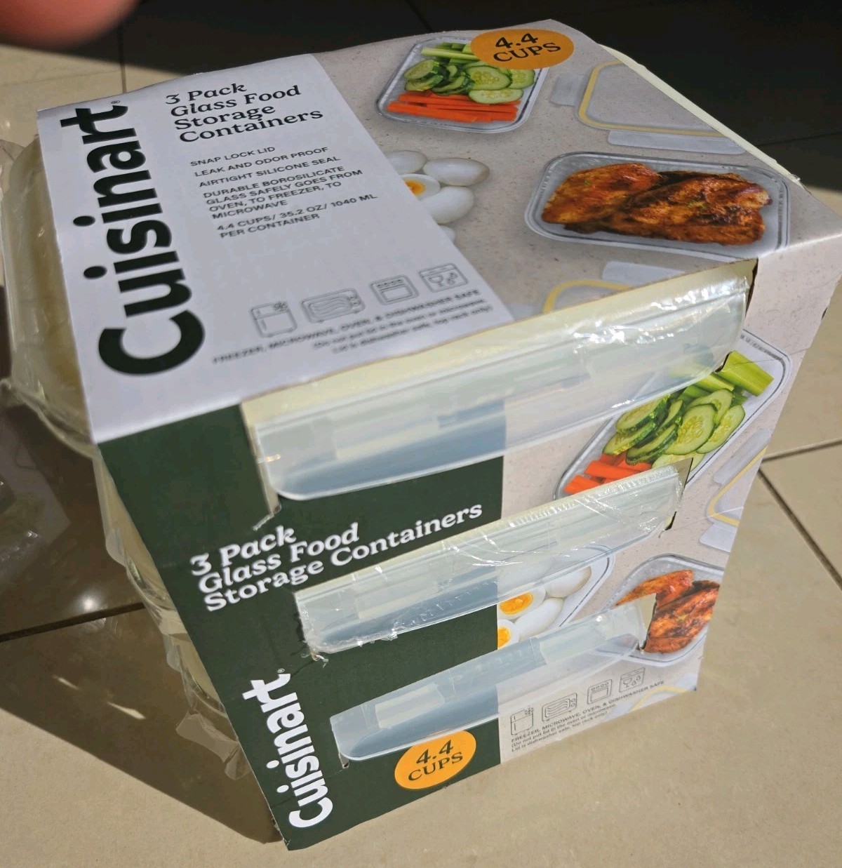 Cuisinart 3 Pack Glass Food Storage Containers 4.4 Cups Snap Lock Lid Oven Safe