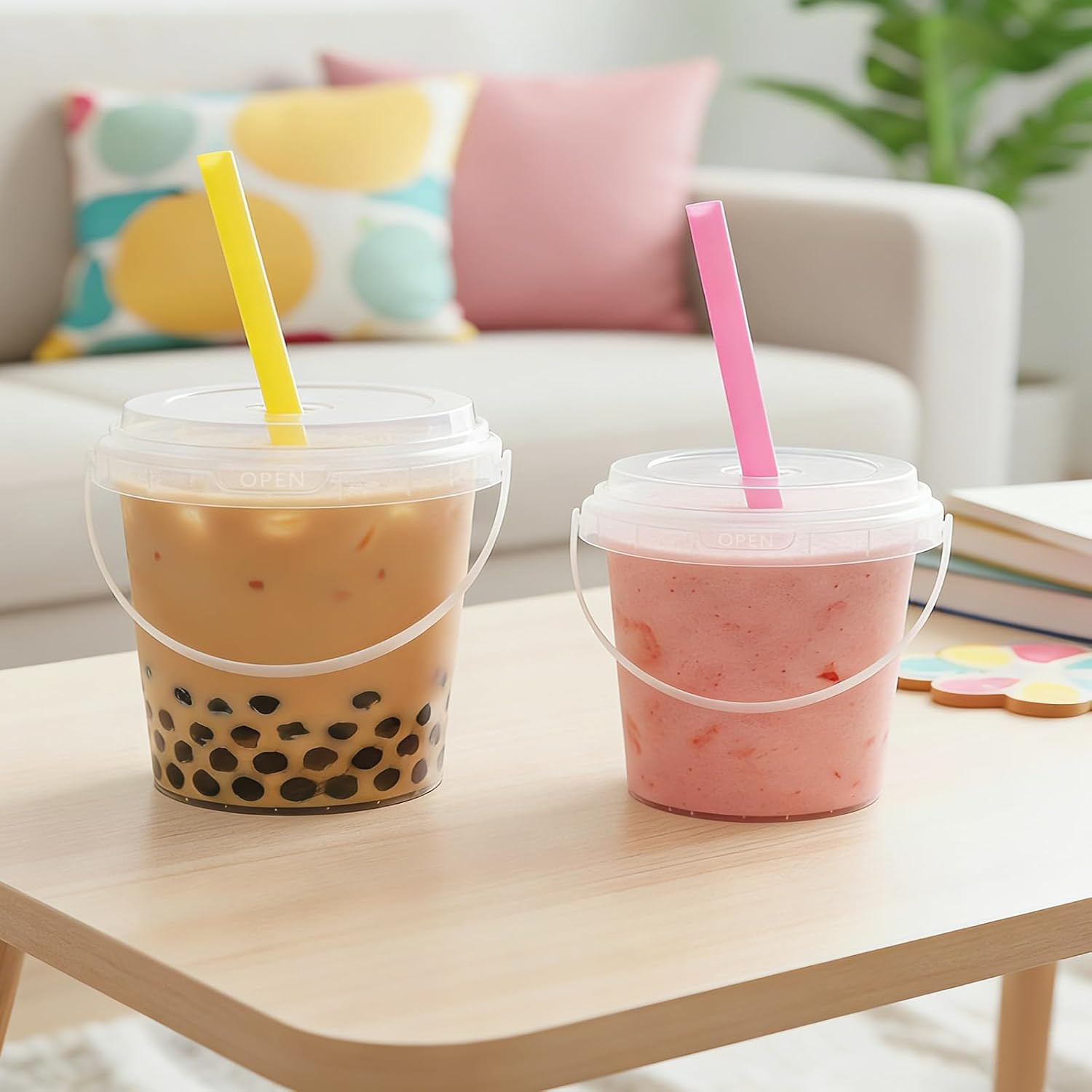10 Pack 34Oz Clear Plastic Drink Buckets with Dual-Lid System, Reusable 1L Cups