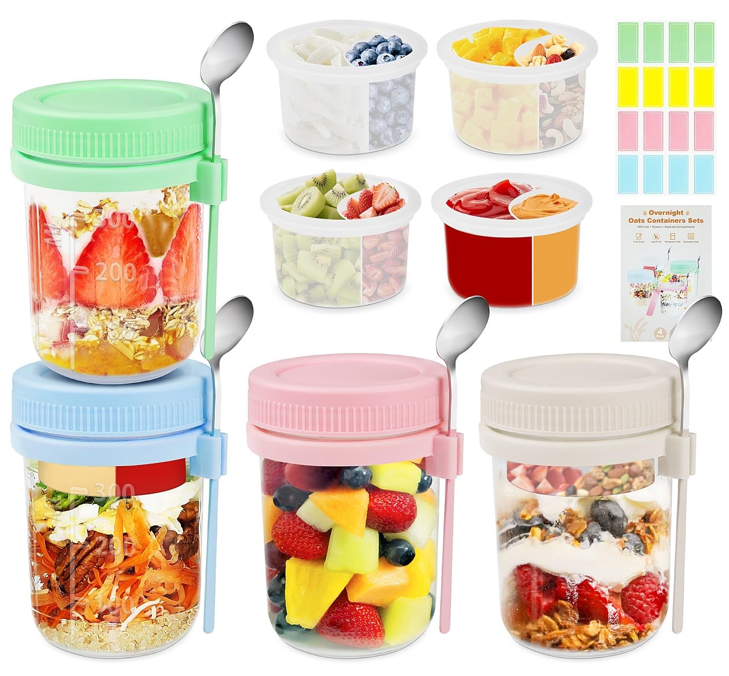 Overnight Oats Containers with Lids and Spoons – 4 Pack 16 oz Glass Mason Jar…