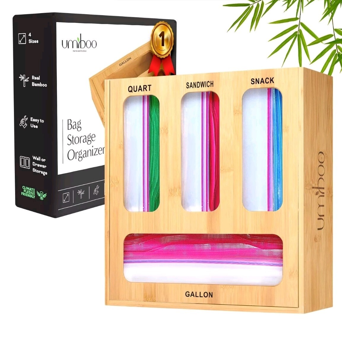 Umboo Bamboo resealable bag organizer for drawer, storage bag organizer.