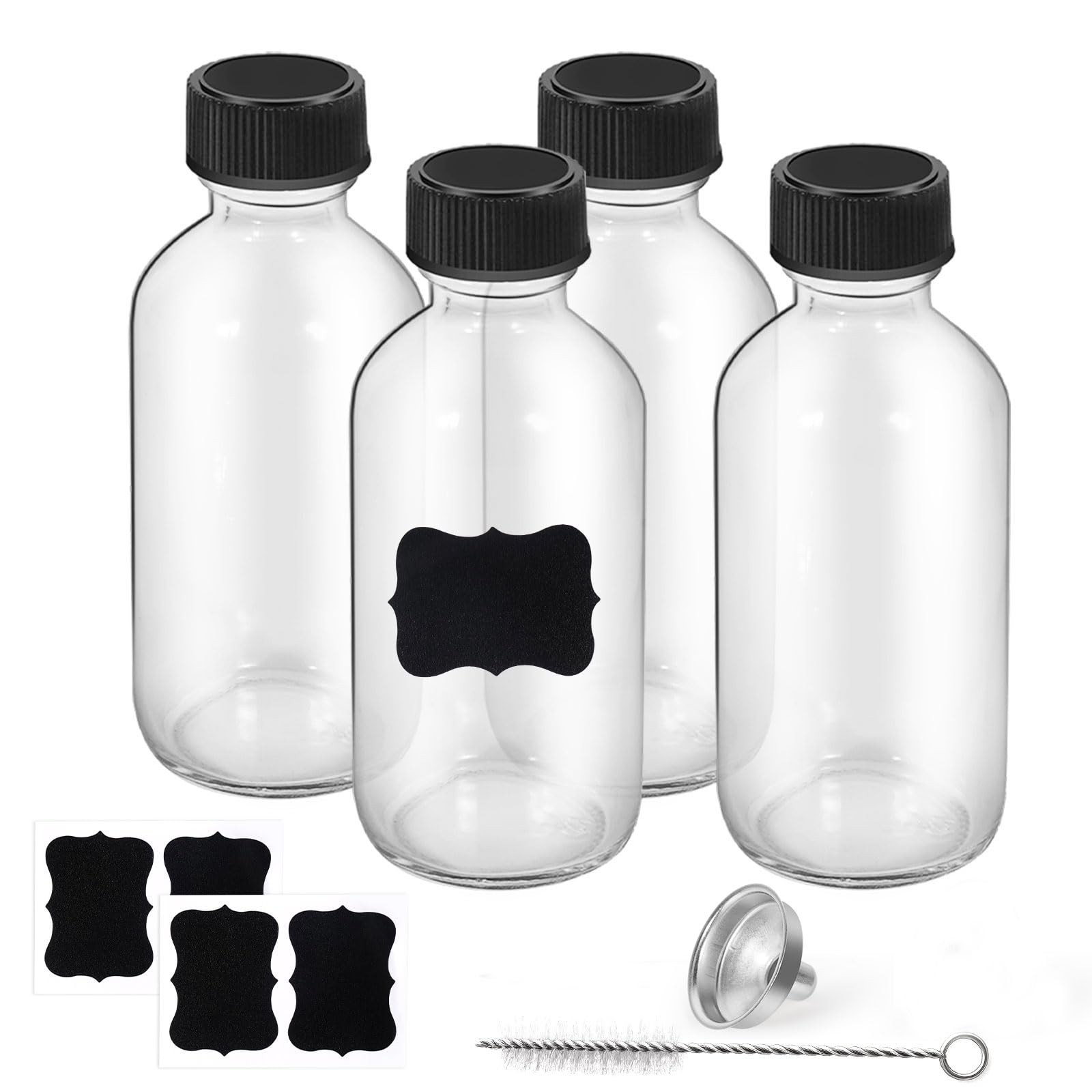 2oz Small Clear Glass Bottles with Lids, 1 Stainless Steel Funnel, 4 Labels,1…