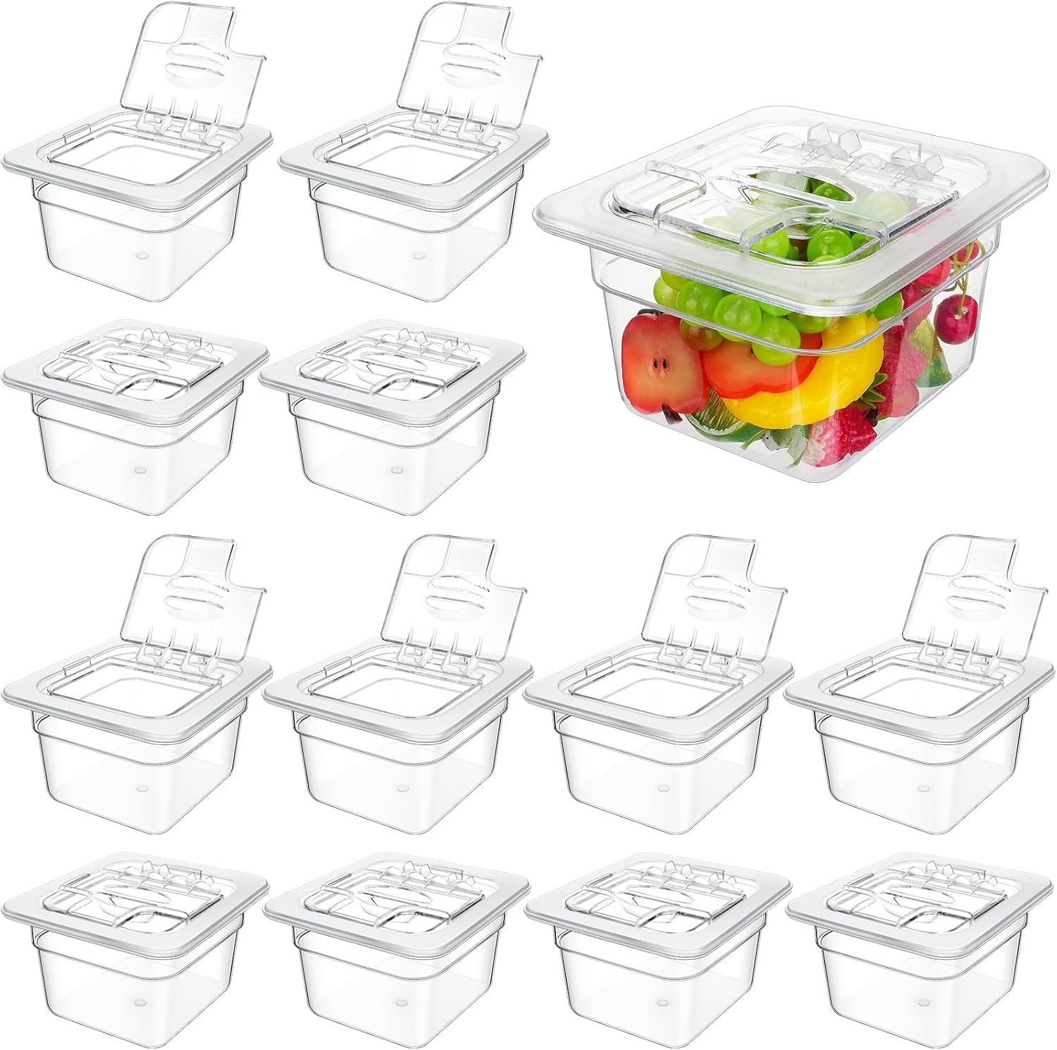 12 Packs 4” Deep Polycarbonate Food Pan with Lid 1/6 Size Stackable Plastic Pan