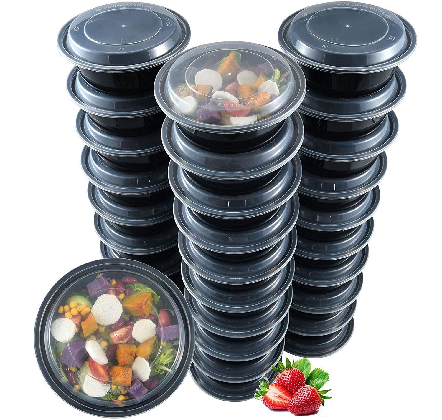 10 Set-48oz Round Microwavable Plastic Meal Prep, Freezer Safe, Disposable Black