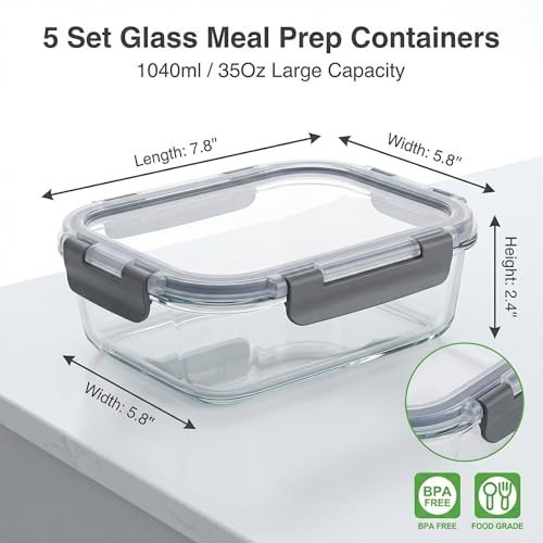 5 Pack Glass Meal Prep Containers 35oz, High Borosilicate Glass Food Storage…