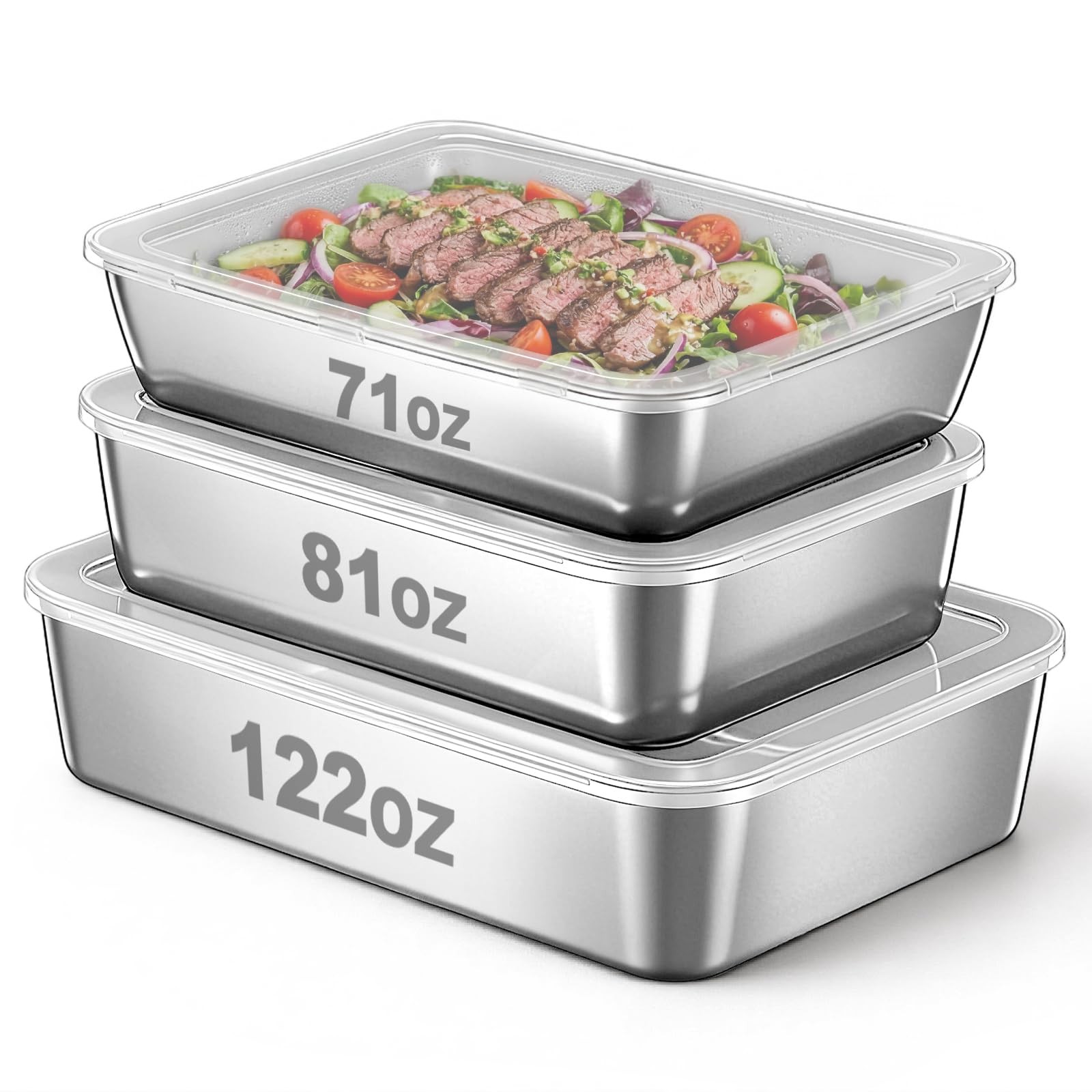 3 Pack Stainless Steel Meal Prep Container with Plastic Lids (122oz+81oz+71oz…