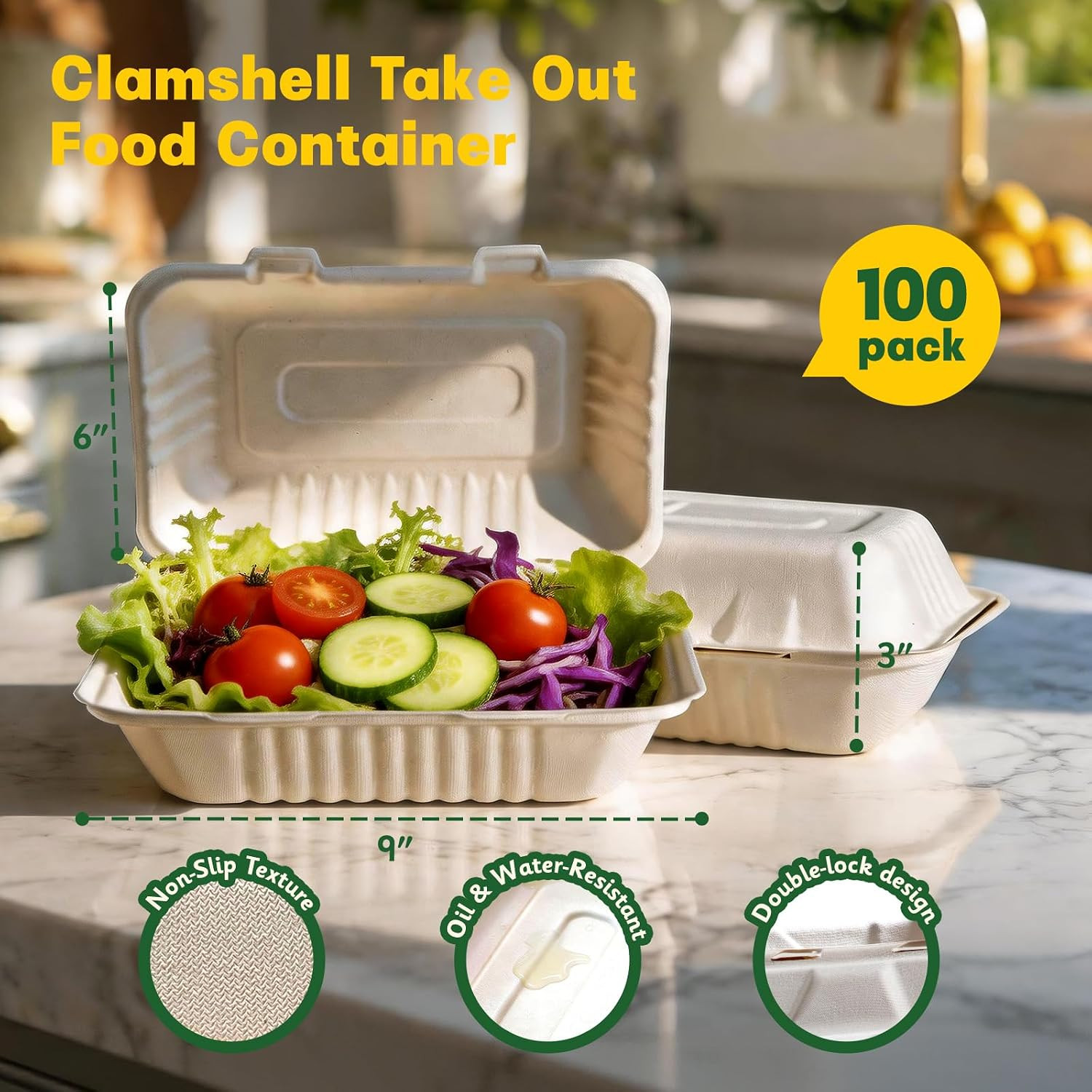 100 Pack Compostable to Go Food Containers 9×6″ | Disposable Clamshell Take Out