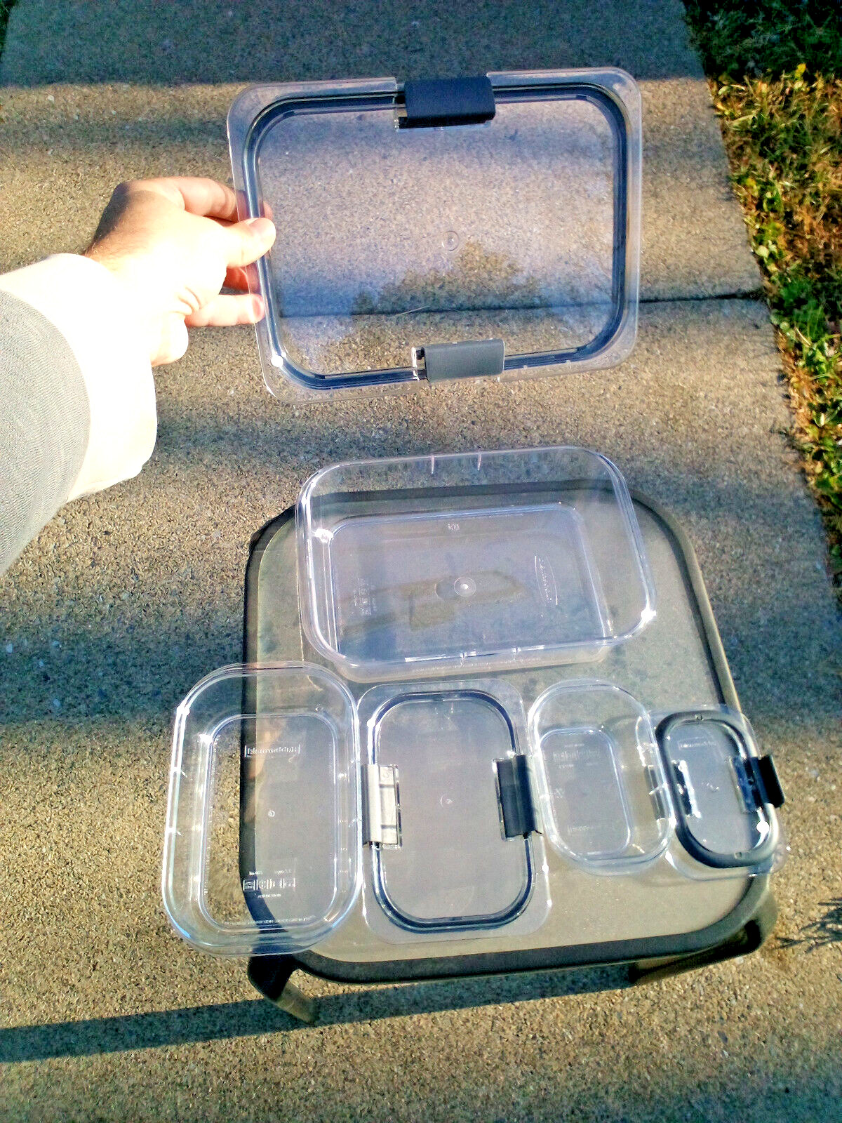 3 – Rubbermaid Clear Plastic with Grey Clasping Lids Containers