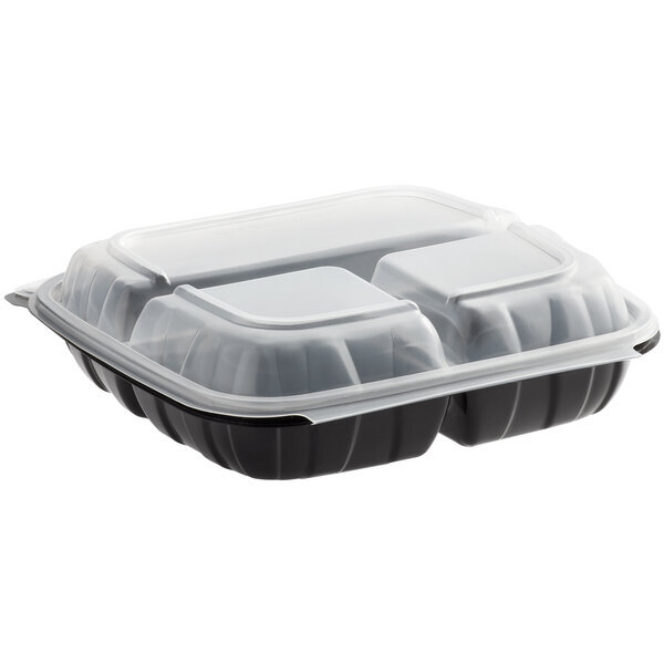 10″ x 10″ x 3″ Microwaveable 3-Compartment Black/Clear Plastic Hinged Container