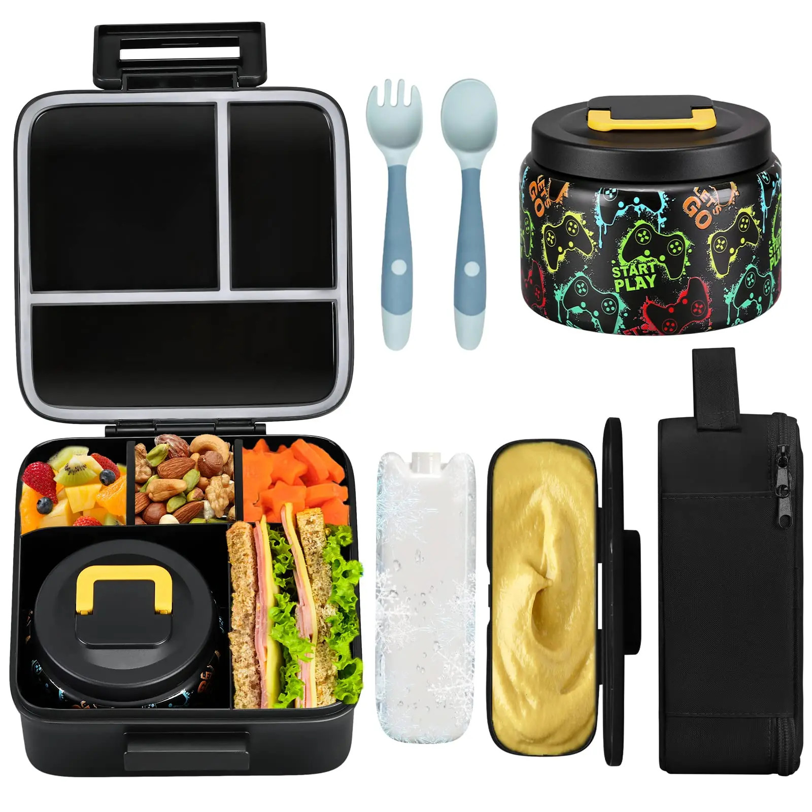 1 Pc Kids Lunch Box Bento Set with Insulated Jar Ice Pack Fork Spoon Bag Combo