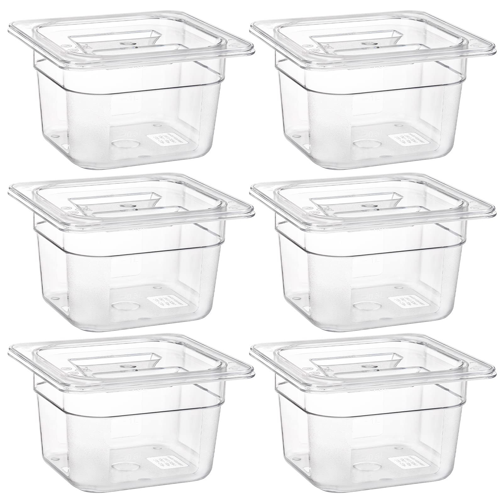 6 Pack 1/6 Size Clear Polycarbonate Food Pans with Lids for Kitchen Restaurant