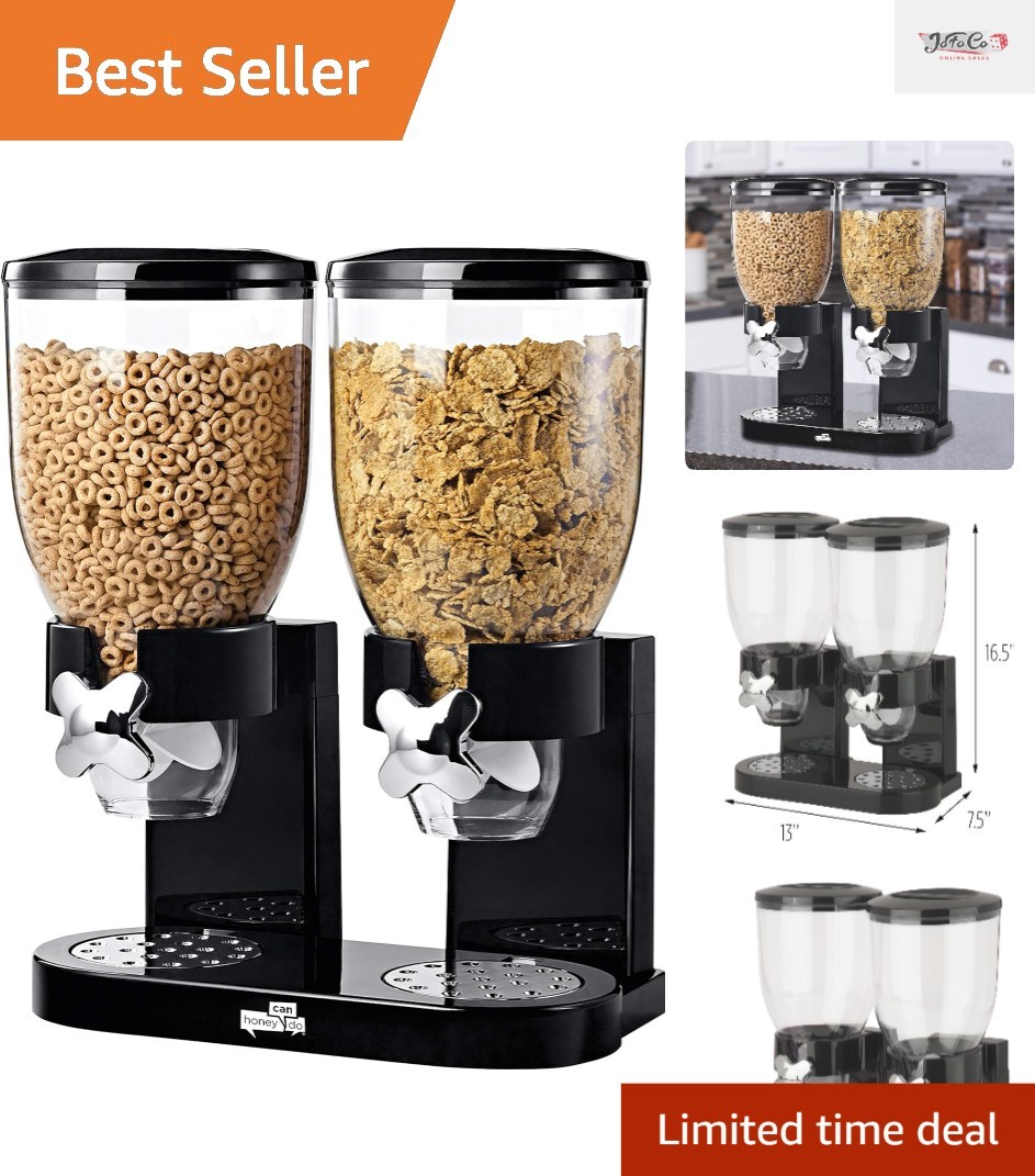 Honey-Can-Do Dual Dry Food Dispenser, Airtight, 17.5 Oz Canisters, Black/Chrome