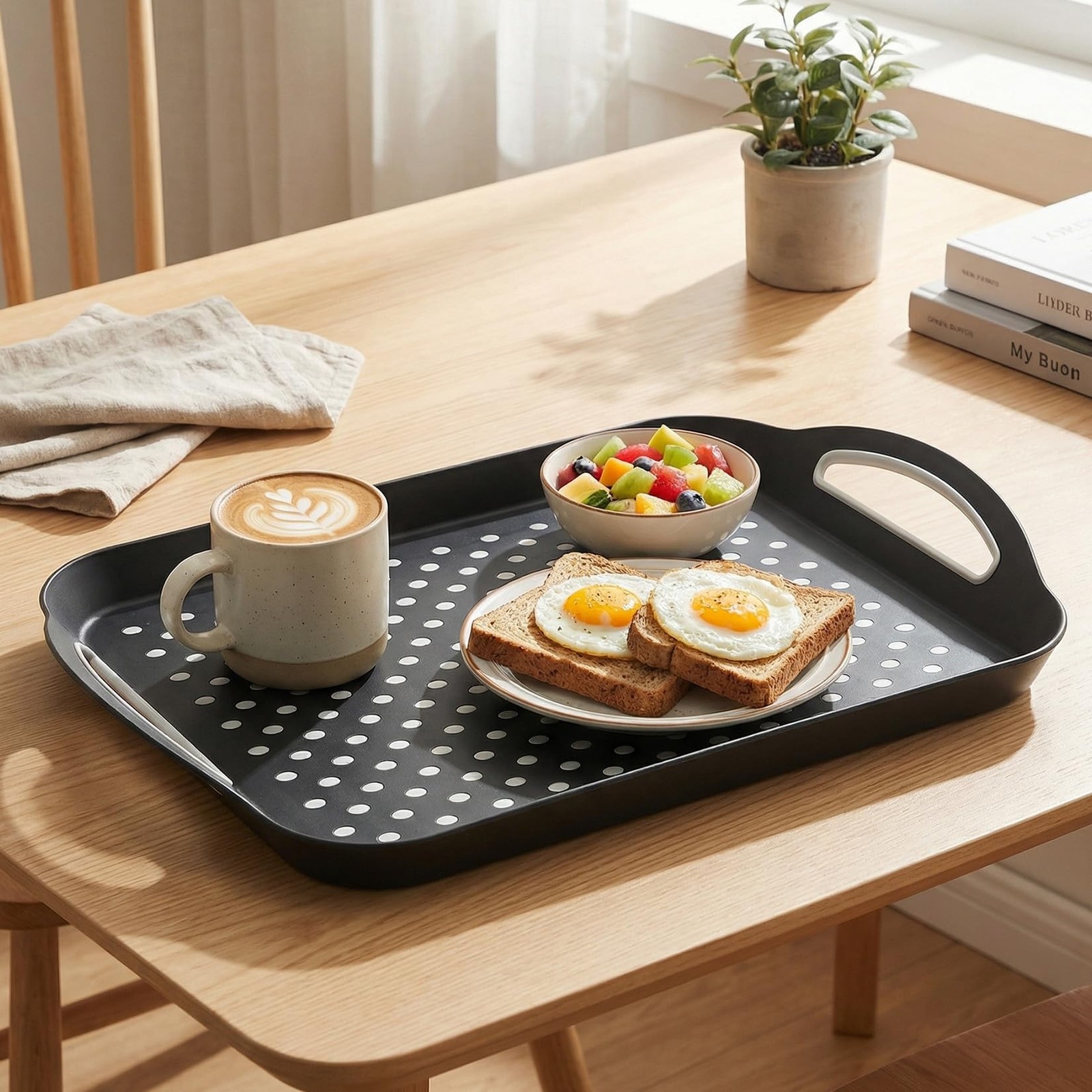 Large Non-Slip Tray with Handle, Black PP+TPR Lap Tray, 15.5×11.5 Inch, Dual …