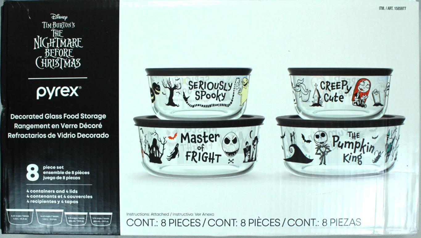 THE NIGHTMARE BEFORE XMAS CHRISTMAS DISNEY PYREX DECORATED GLASS STORAGE 8PC