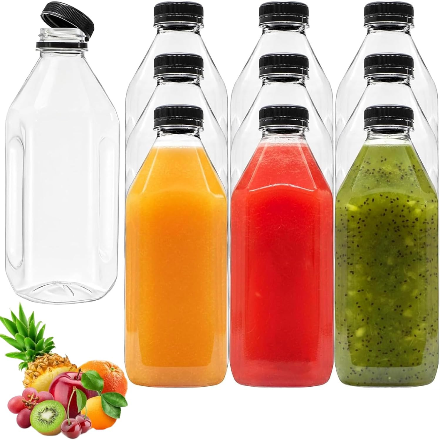 Coloch 10 Pack 33 Oz Plastic Juice Bottles with Black Caps, 1L Empty Clear Soda