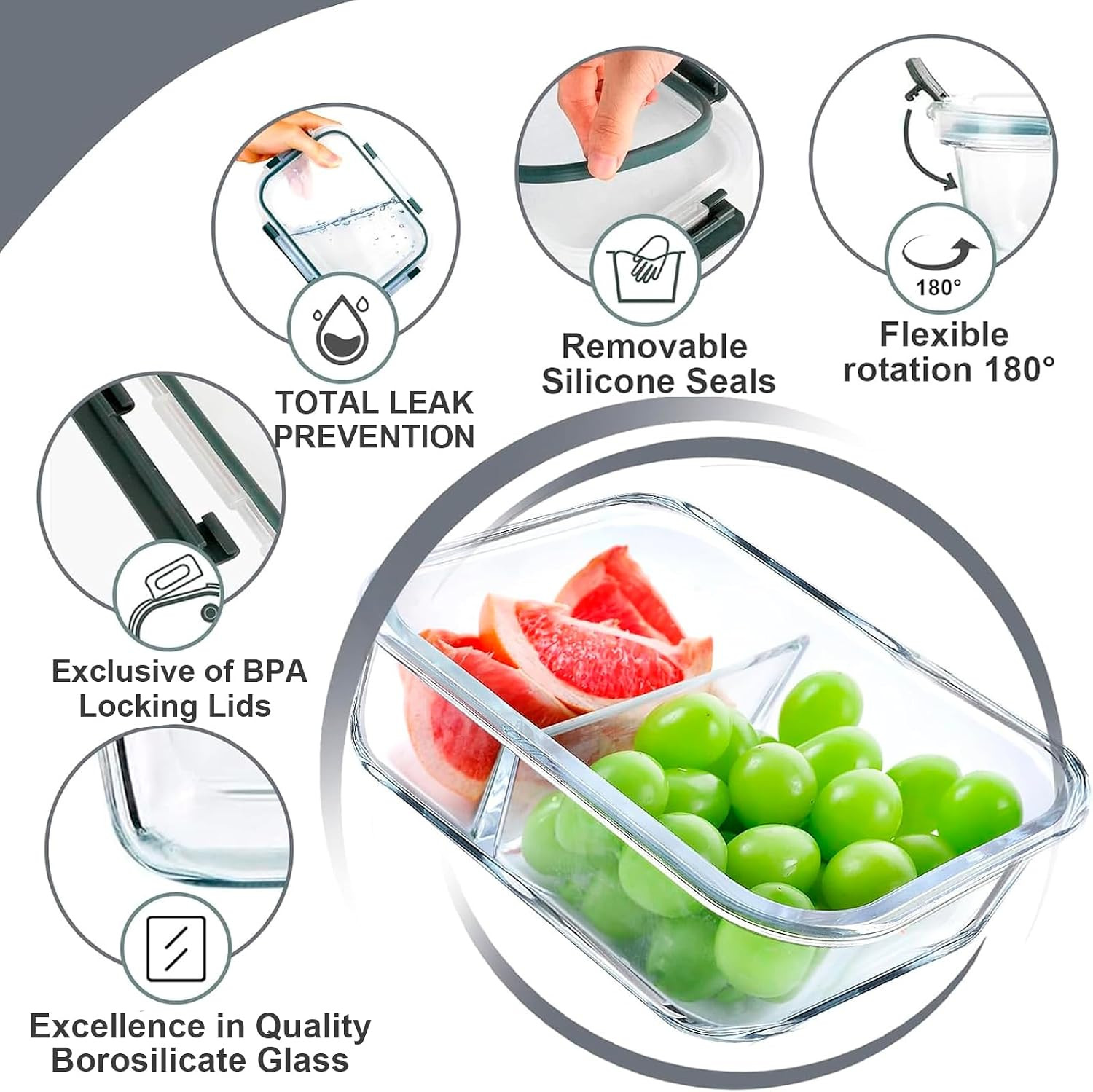 VERONES 5 Pack Glass Meal Prep Containers 2 Compartment Set, 36OZ Airtight Glass