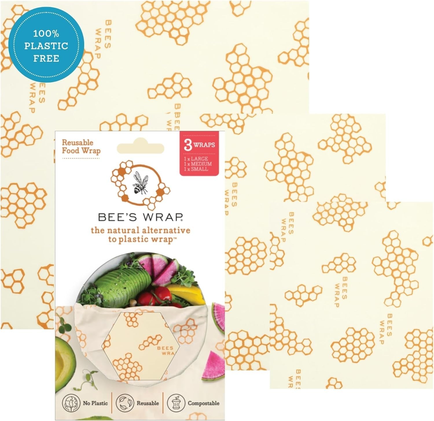Bee’s Wrap Beeswax Food Wraps 3 Pack Assorted Sizes Reusable Plastic Free USA