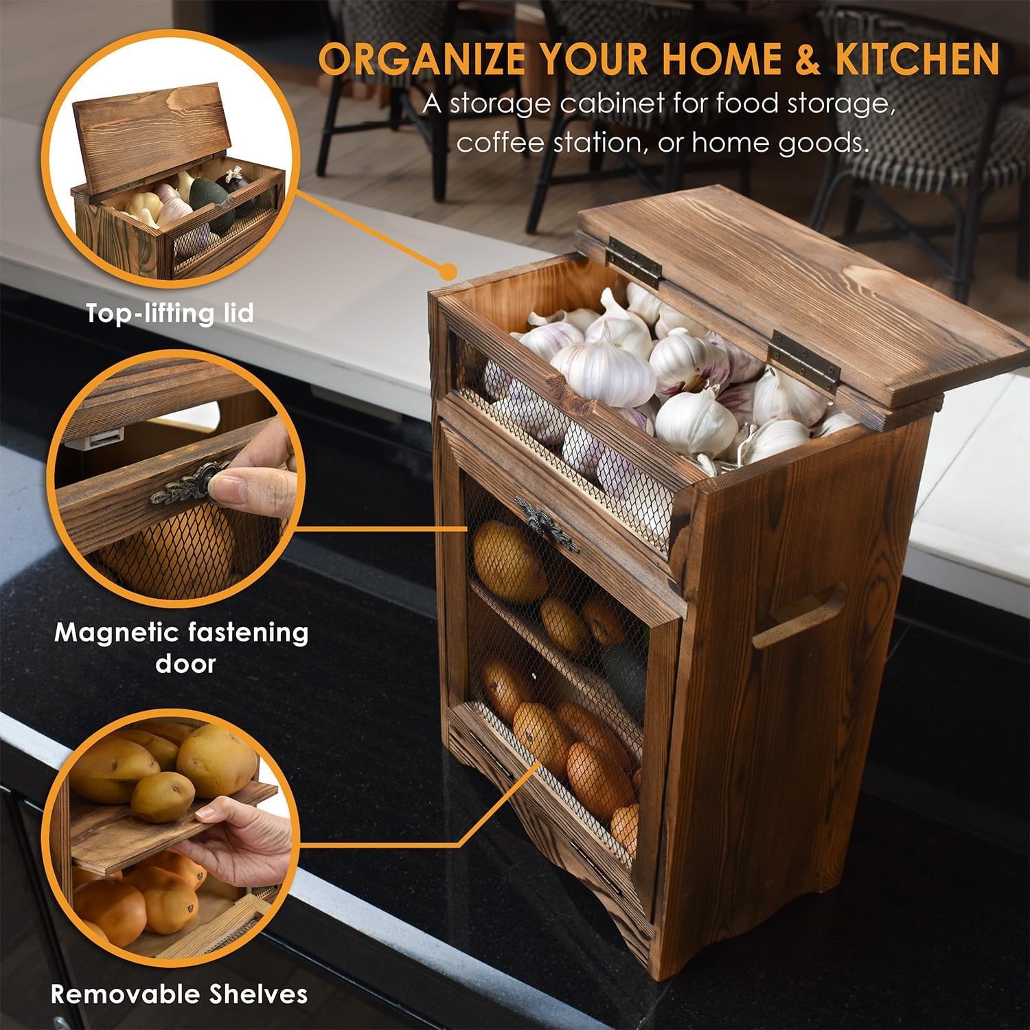Design Free Assemble Wooden Countertop Potato and Onion Storage Bin Box,Counter