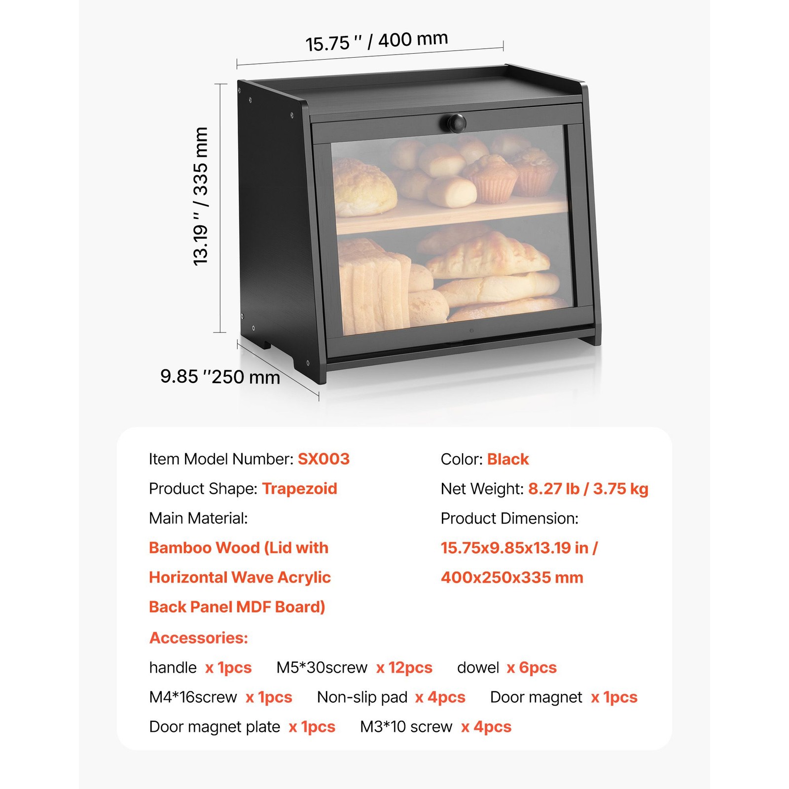 Double layer bamboo bread box with acrylic wavy door, large capacity for kitchen