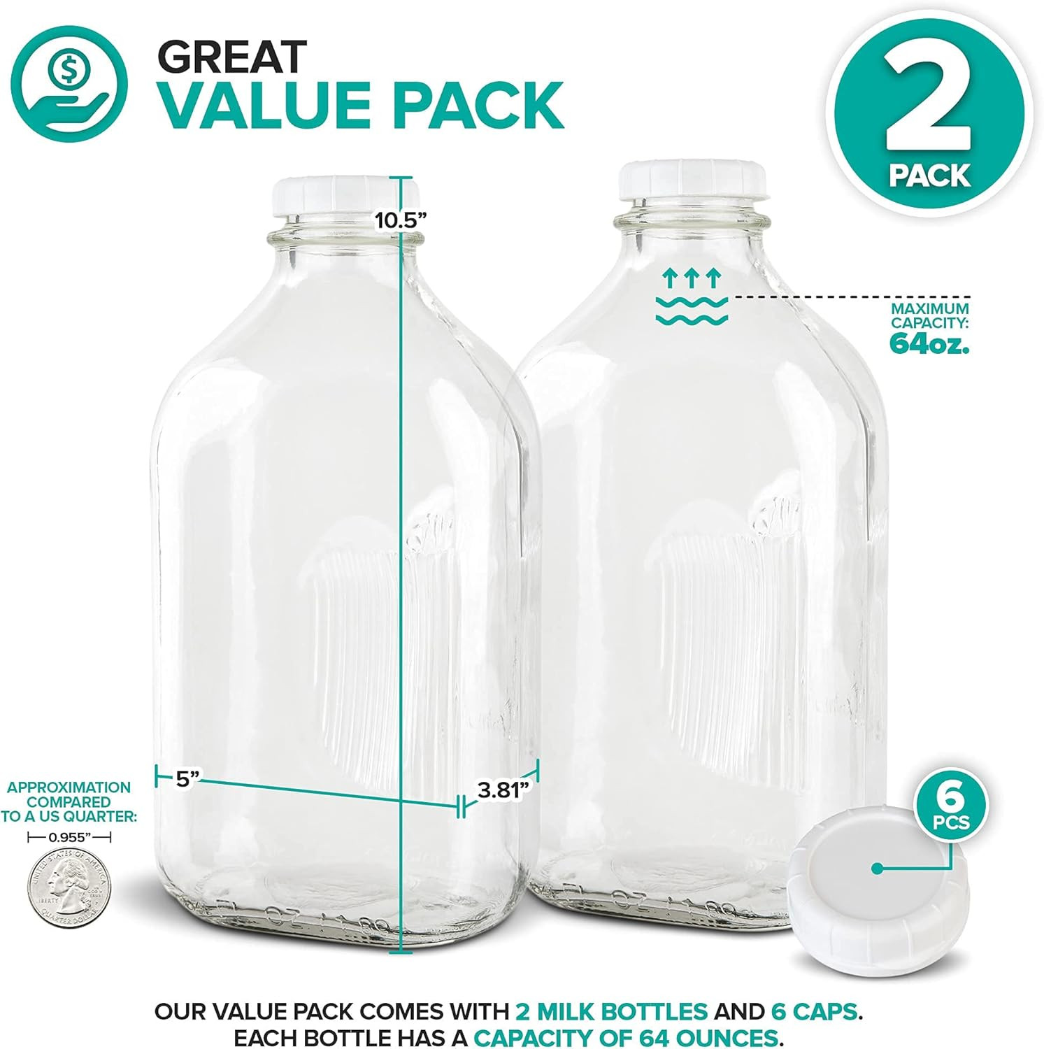 64-Oz Glass Milk Jugs with Caps (2 Pack) – 64 Ounce Food Grade Glass Bottles – D